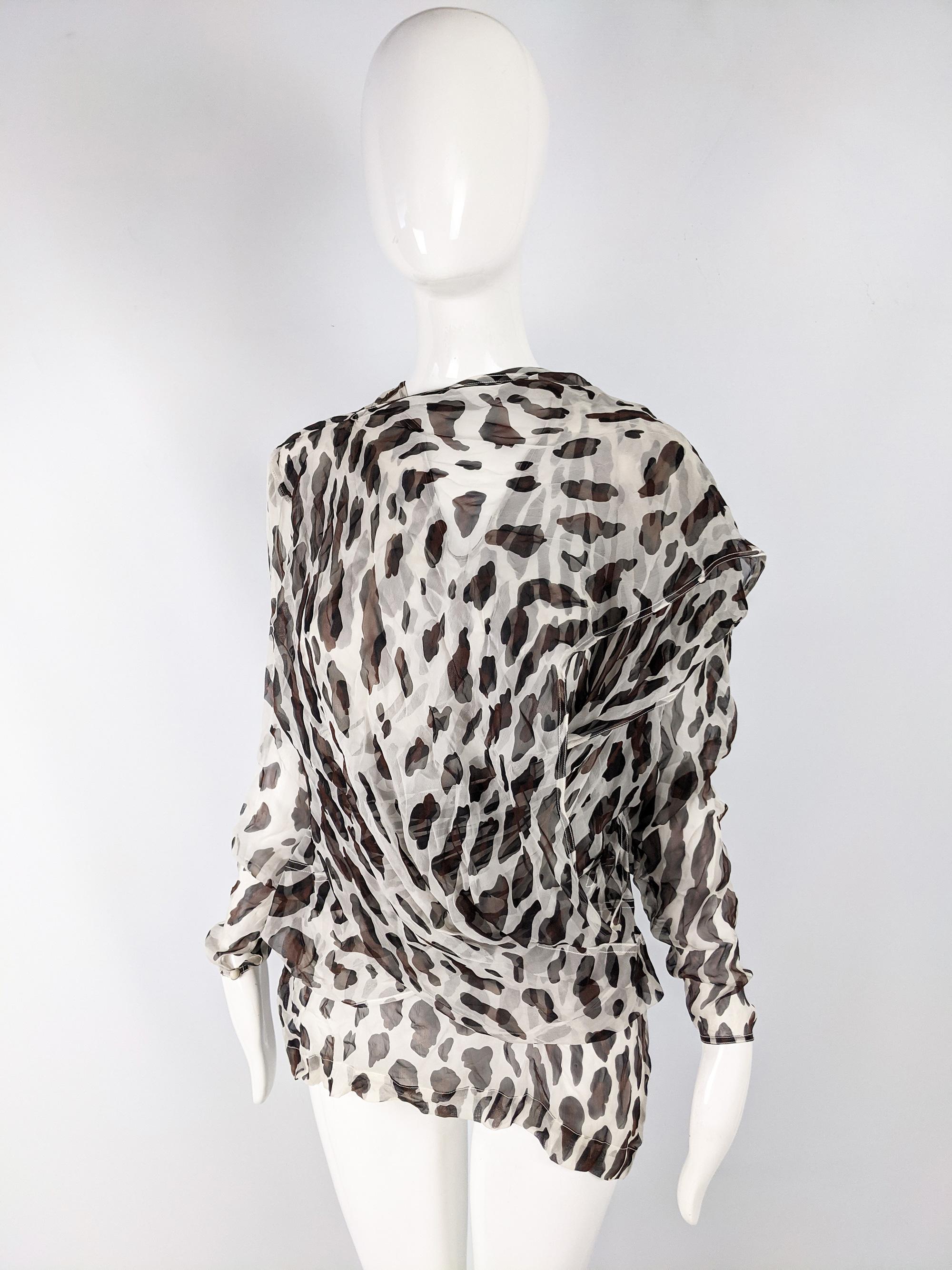 Gray Liliane Romi Vintage Silk Chiffon Leopard Print Blouse For Sale