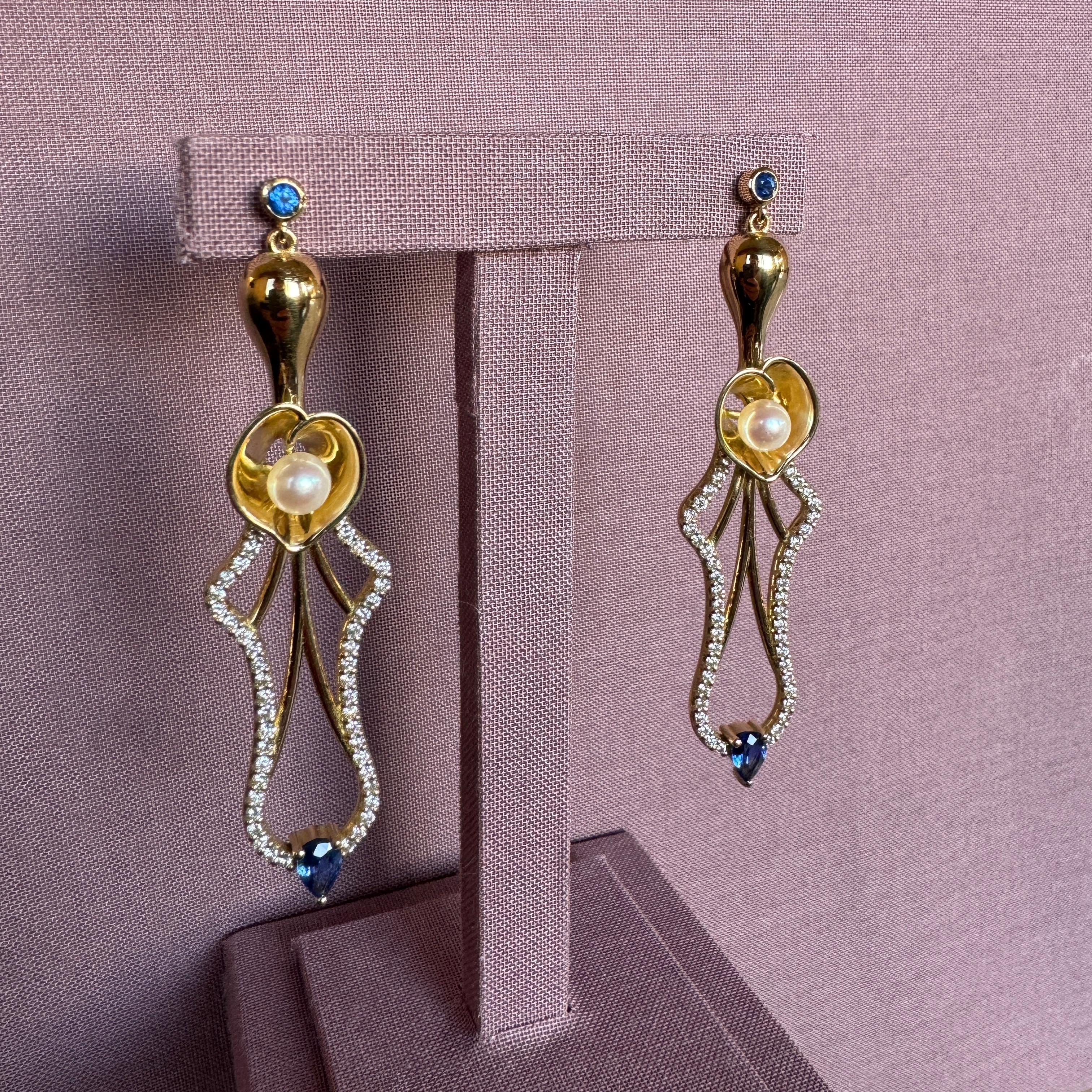 Pear Cut Lilies Earrings in 18 Karat Yellow Gold with Diamonds, Sapphires And Pearls