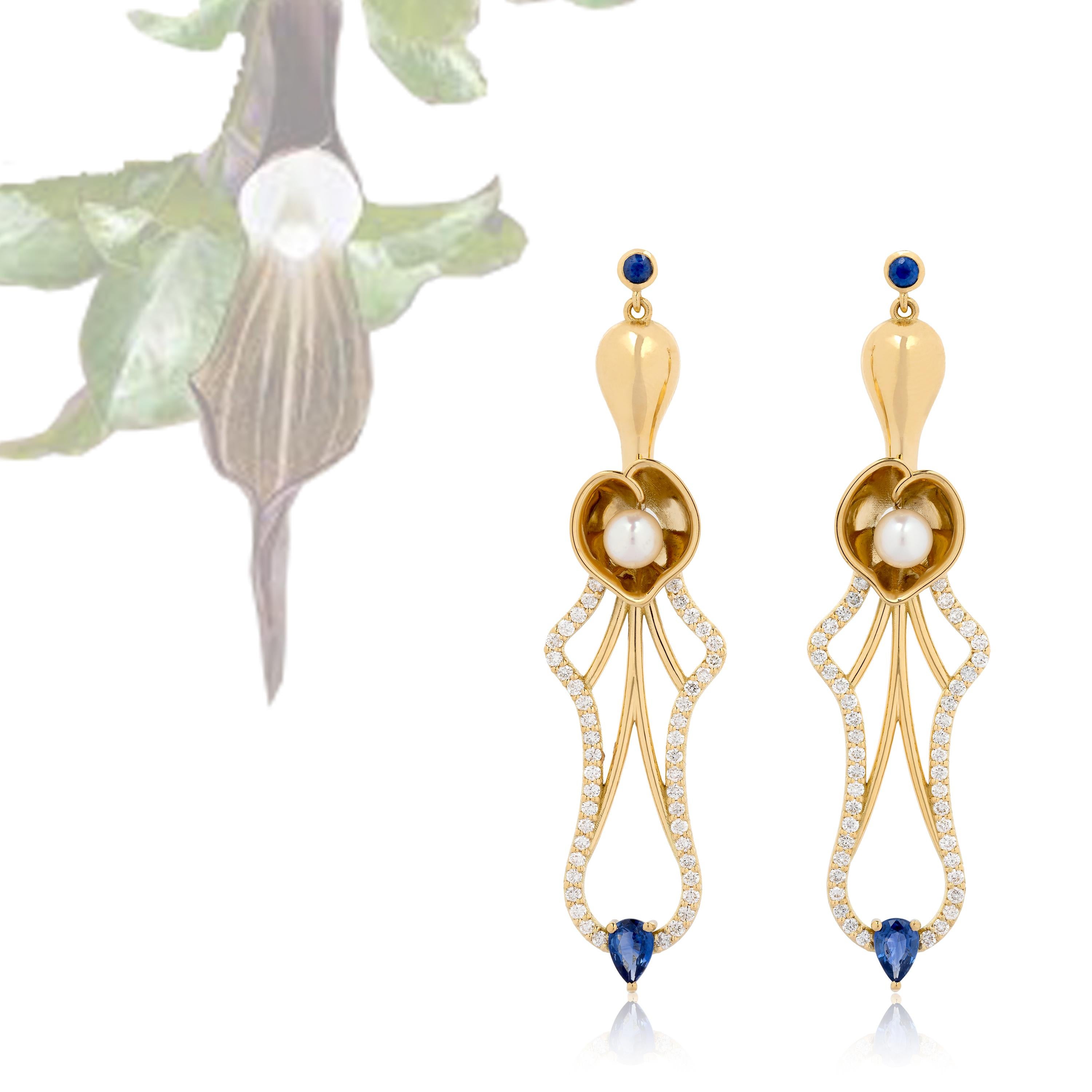 Lilies Earrings in 18 Karat Yellow Gold with Diamonds, Sapphires And Pearls In New Condition In Athens, Ekali
