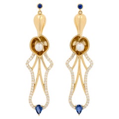 Lilies Earrings in 18 Karat Yellow Gold with Diamonds, Sapphires And Pearls