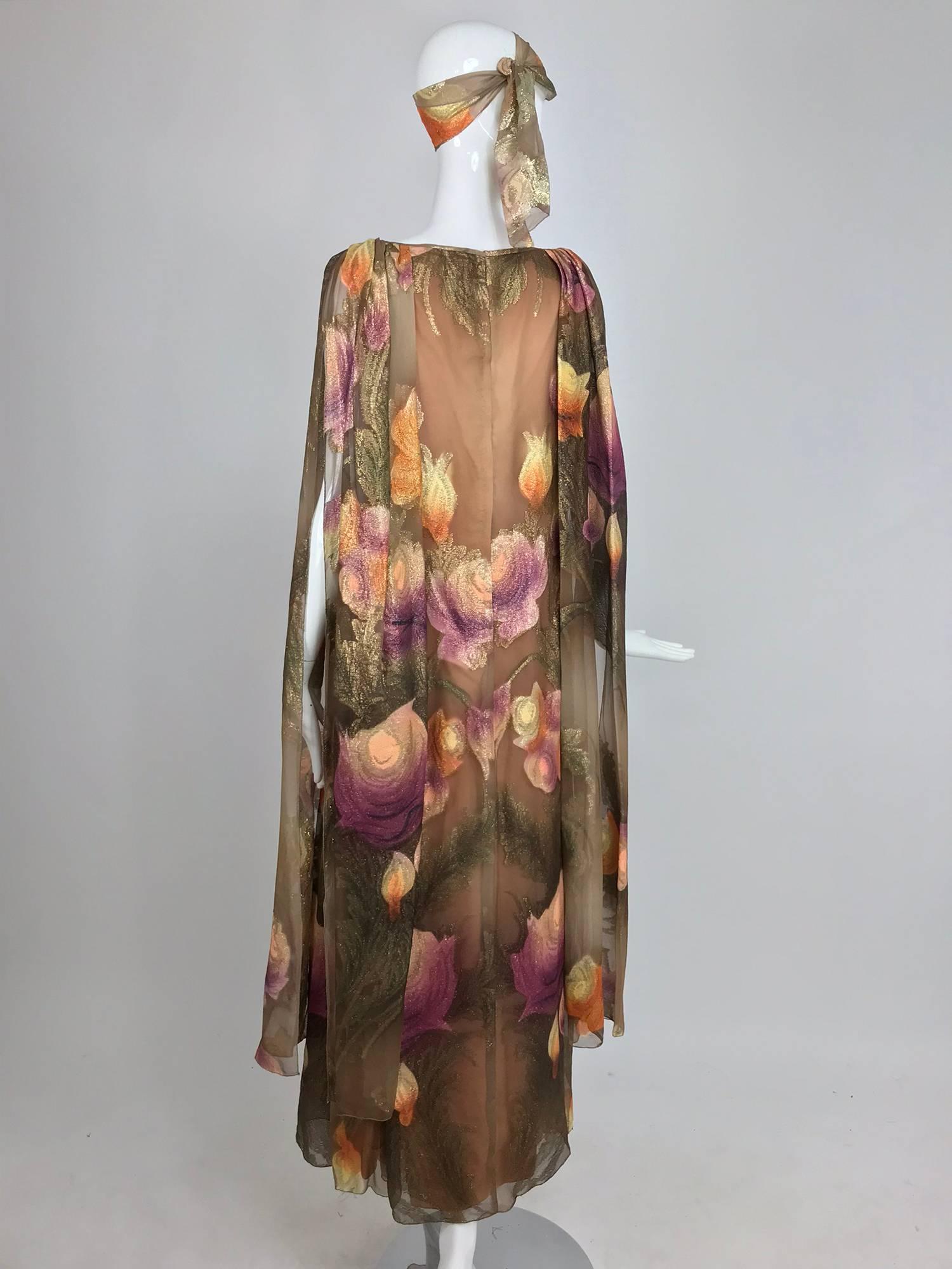 Lilija Nicis hand painted metallic silk chiffon gown, 1960s 5