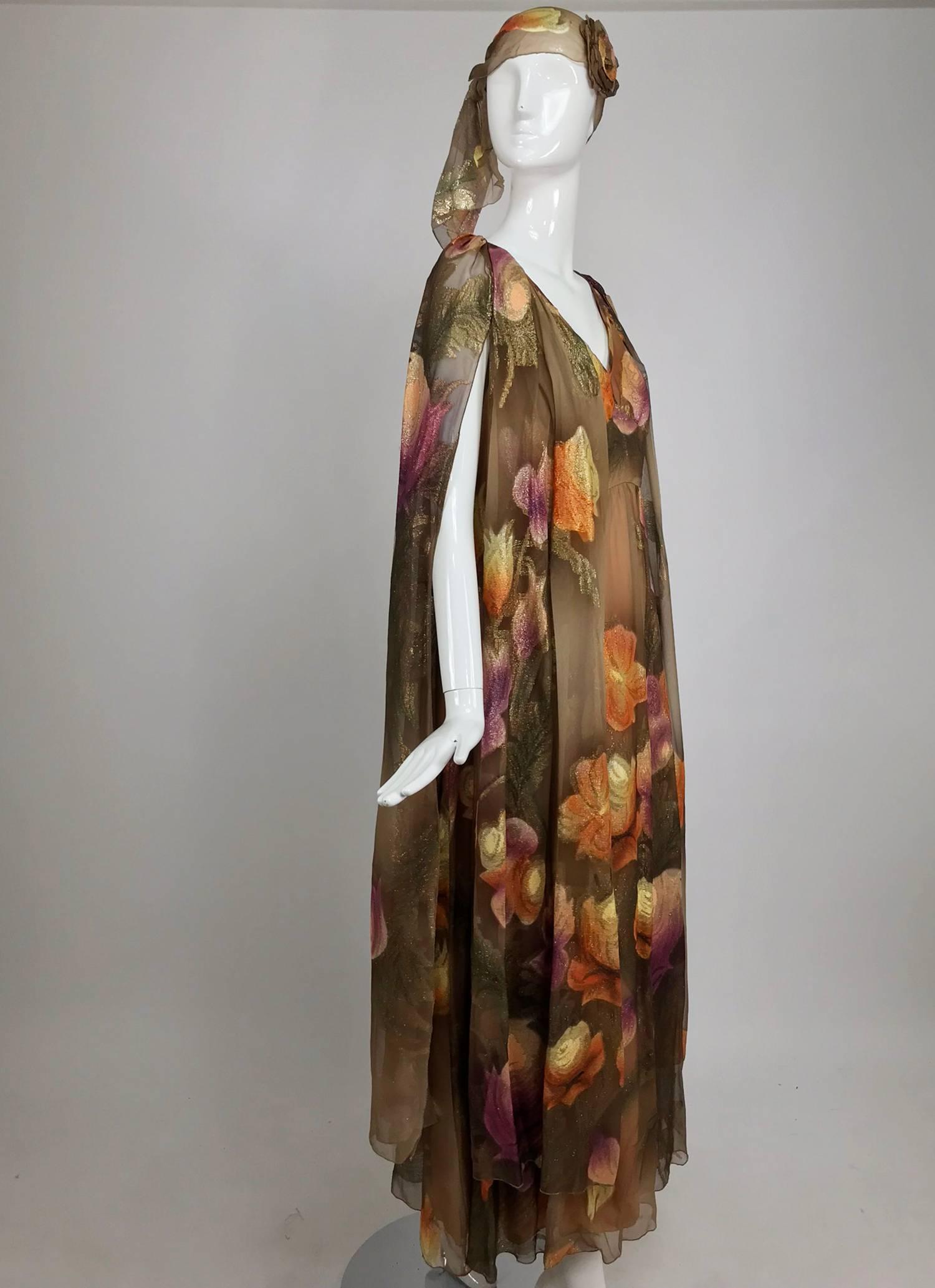 Lilija Nicis hand painted metallic silk chiffon gown, 1960s 10