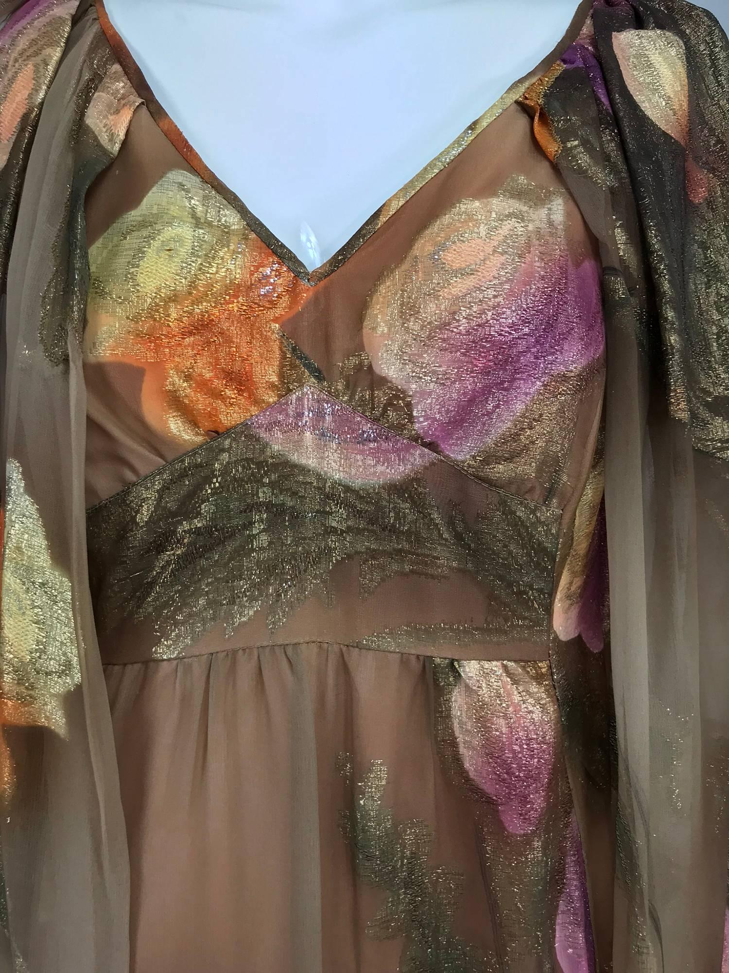 Brown Lilija Nicis hand painted metallic silk chiffon gown, 1960s