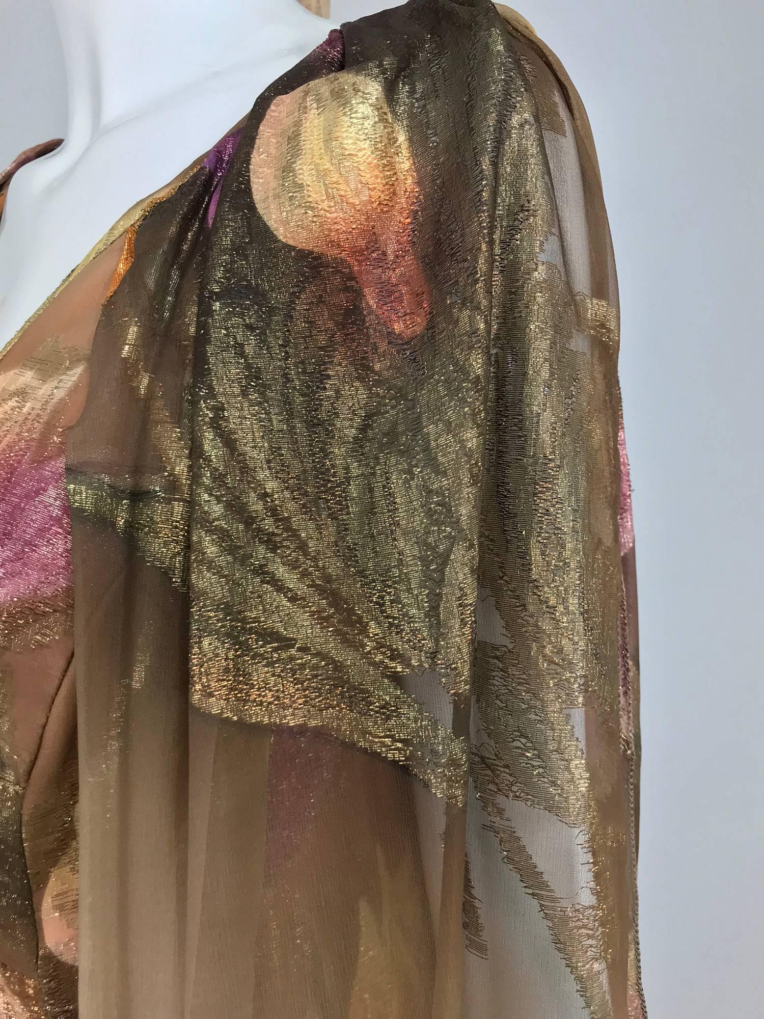 Lilija Nicis hand painted metallic silk chiffon gown, 1960s In Excellent Condition In West Palm Beach, FL