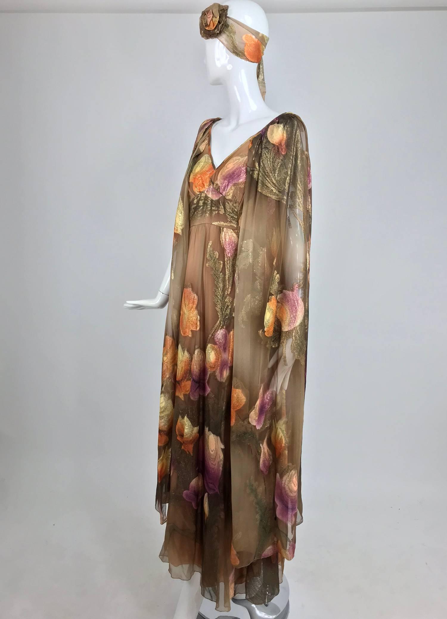 Women's Lilija Nicis hand painted metallic silk chiffon gown, 1960s