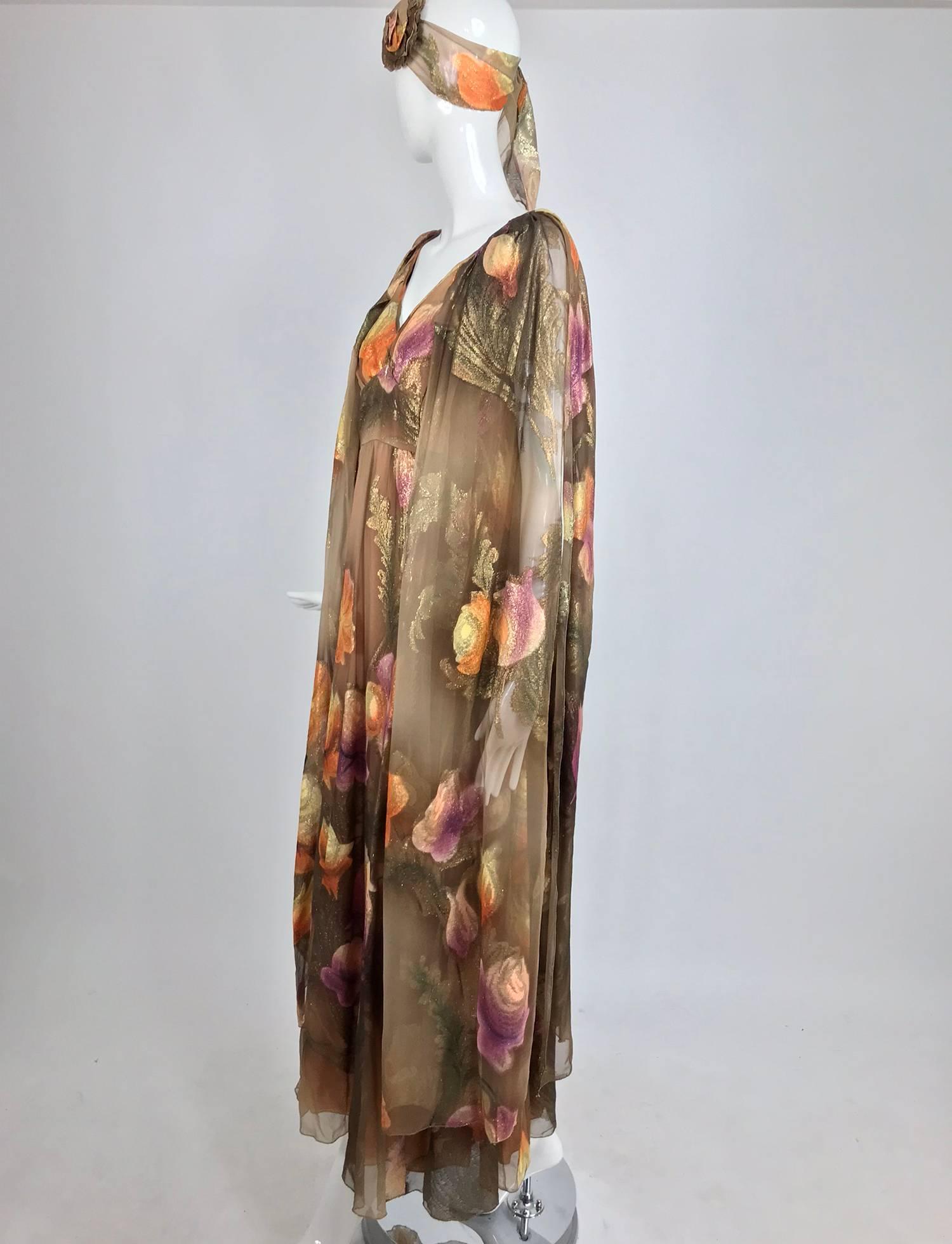 Lilija Nicis hand painted metallic silk chiffon gown, 1960s 1