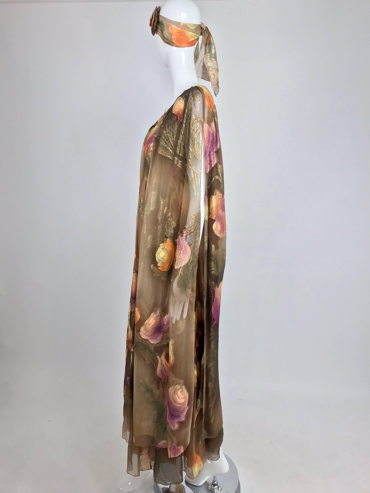 Lilija Nicis hand painted metallic silk chiffon gown, 1960s 2