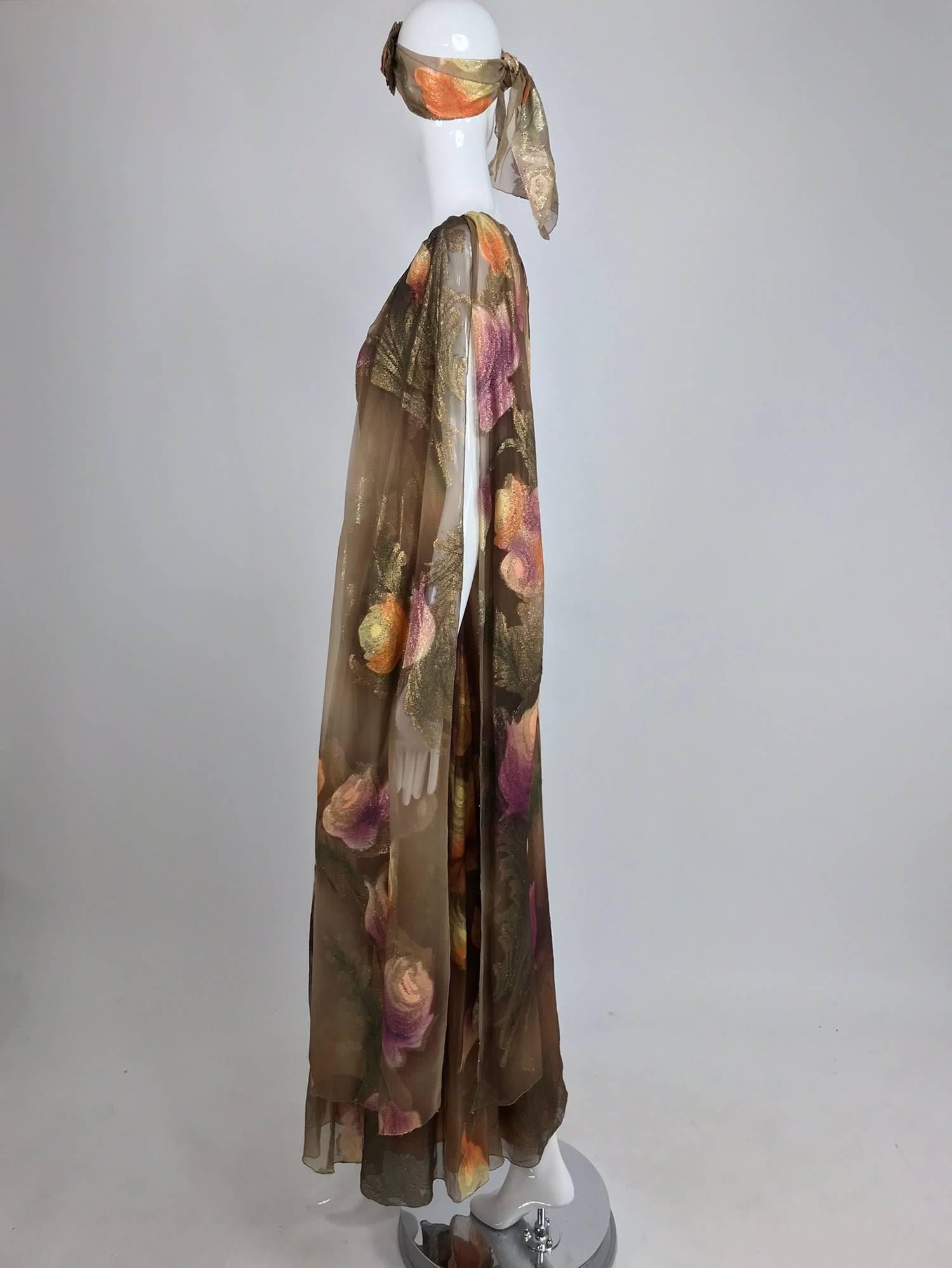 Lilija Nicis hand painted metallic silk chiffon gown, 1960s 3