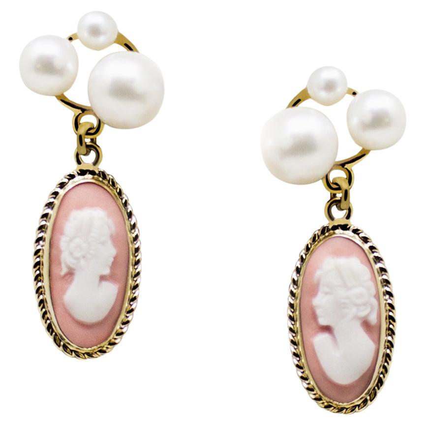 Lilith Gold Vermeil Pink Cameo And Pearl Stud Earrings For Sale