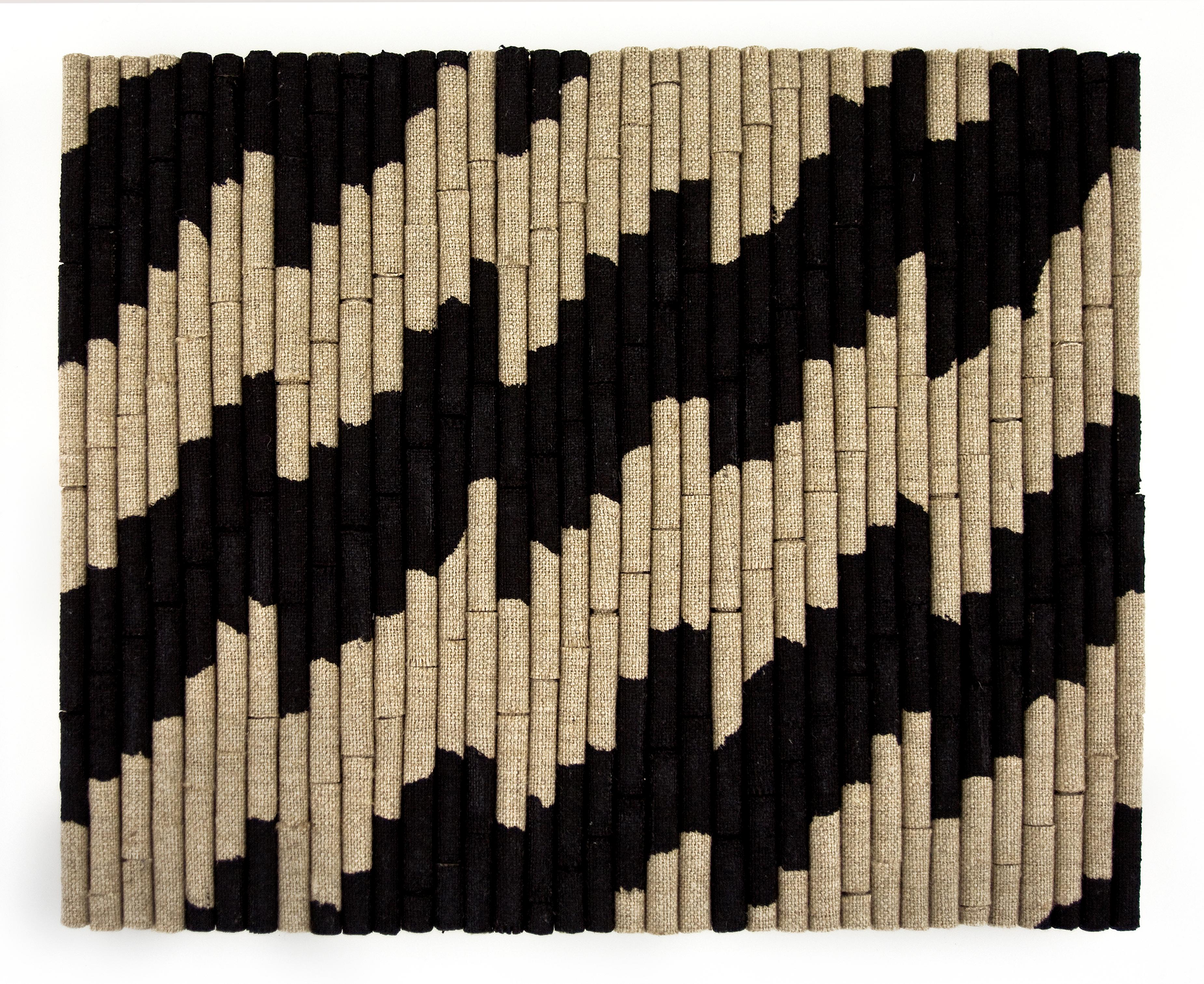 Liliya Lifanova Abstract Painting - Untitled (rolled, raw linen, dipped in blk. paint, zigzag)