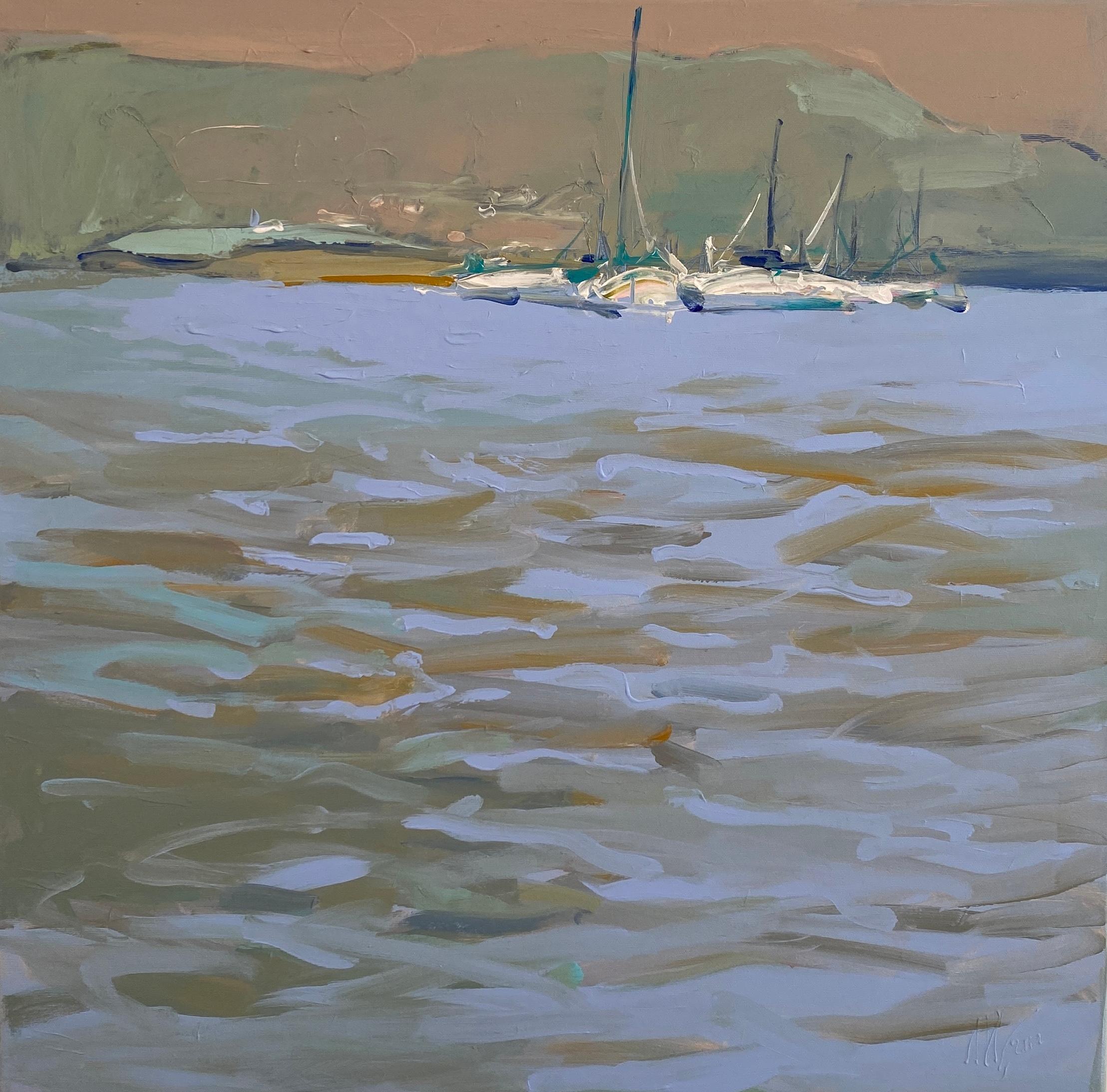 Liliya Nikolova Landscape Painting - Seascape and Boats Contemporary Painting
