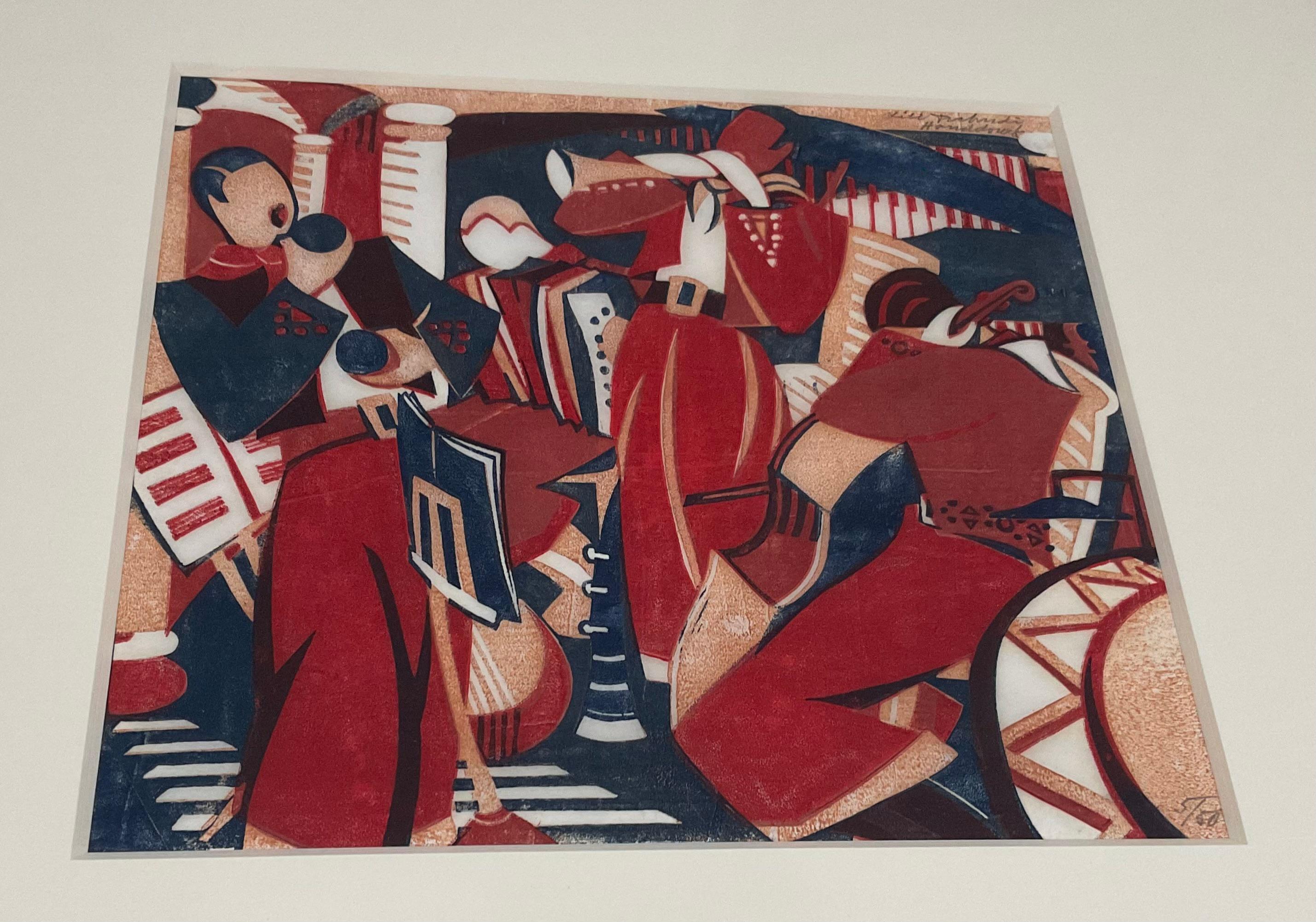 Art Deco Lill Tschudi (1911-2004) Rhumba Band II Lino Cut Signed and Numbered 5 of 50 For Sale