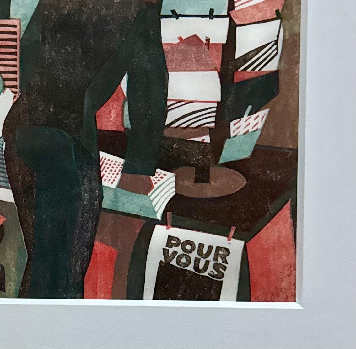 „Kiosk in Paris“ Britischer Linocut 1/150 Europäischer Modernismus Schweizer Vorticism Deco

Lill Tschudi (Schweizerin, 1911-2004)
Kiosk in Paris (Coppel  LT 29) 
Linolschnitt in Braunschwarz, Zinnoberrot und Blaugrau, 1933, auf gewebedünnem