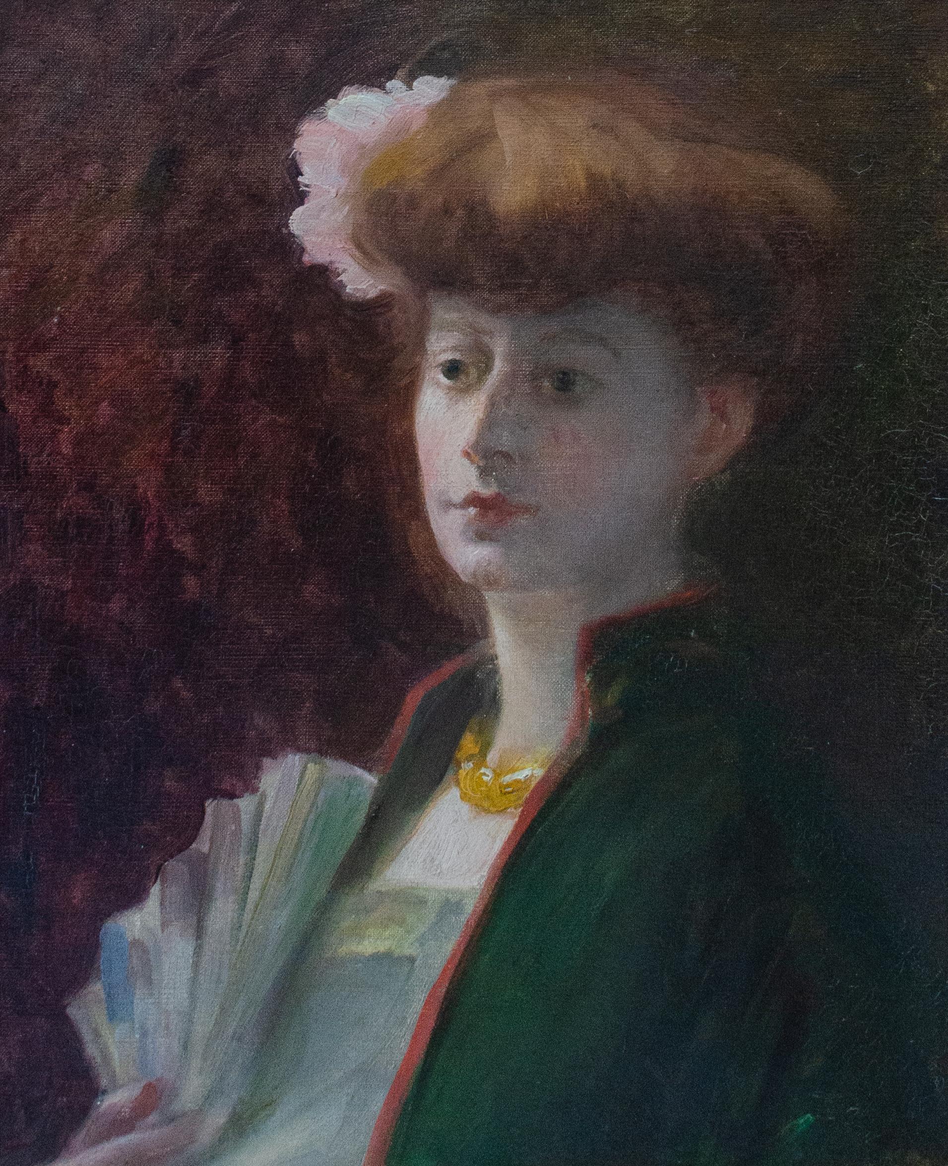 Lilla Cabot Perry
Portrait of Lady with Fan, circa 1890
Oil on canvas
18 x 15 inches

Born in Boston, Lilla Perry was a key person, along with Mary Cassatt, in bringing French Impressionism* to the United States from France.  For many years, she