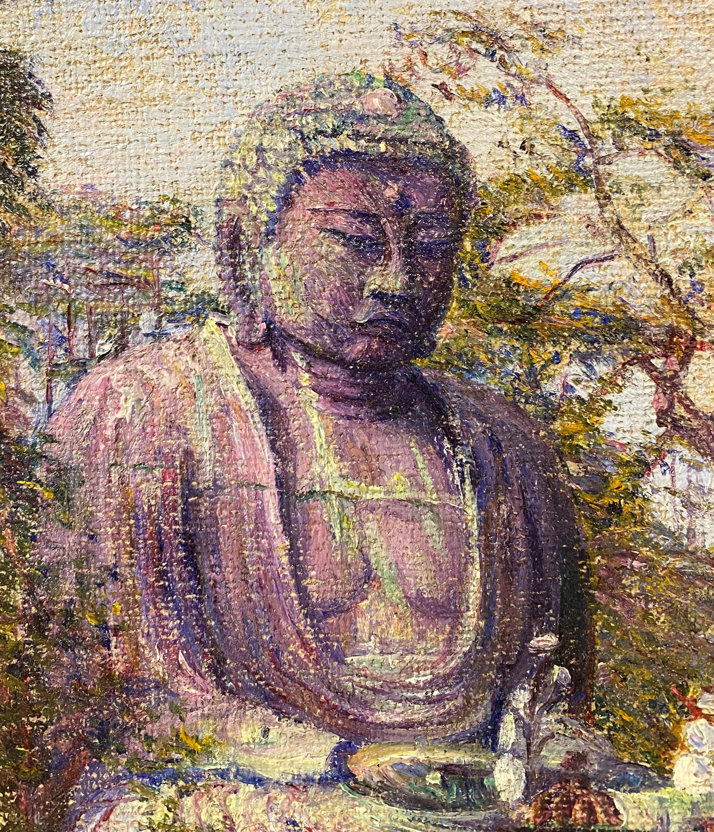 Eine kleine, feine Ölstudie eines Buddhas in Japan von der amerikanischen Künstlerin Lilla Cabot Perry (1848-1933). Perry wurde in Boston, Massachusetts, geboren und war einer der Gründer und der erste Sekretär der Guild of Boston Artists. Sie hatte