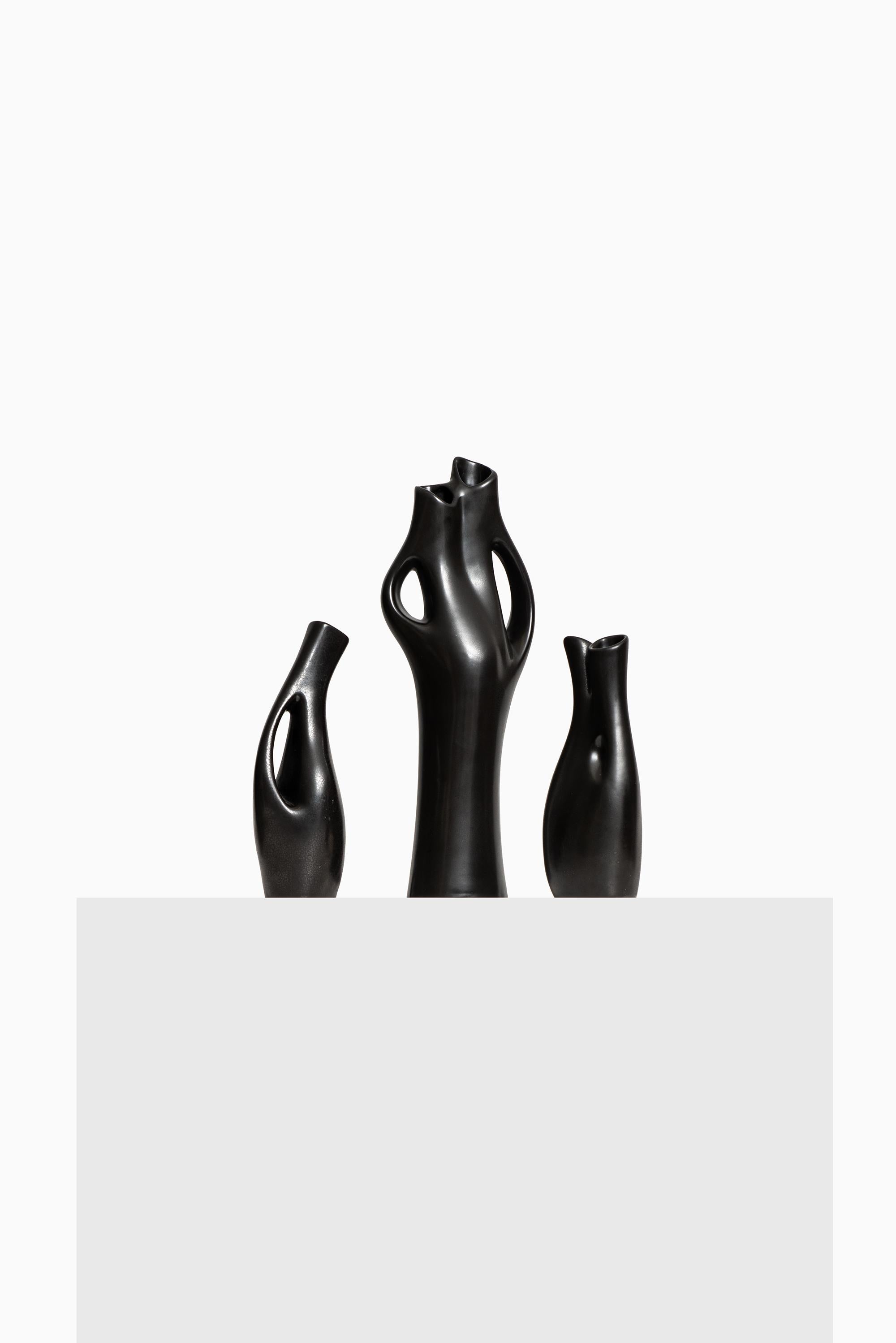 Set of 3 stoneware vases Mangania designed by Lillemor Mannerheim. Produced by Upsala Ekeby in Sweden.