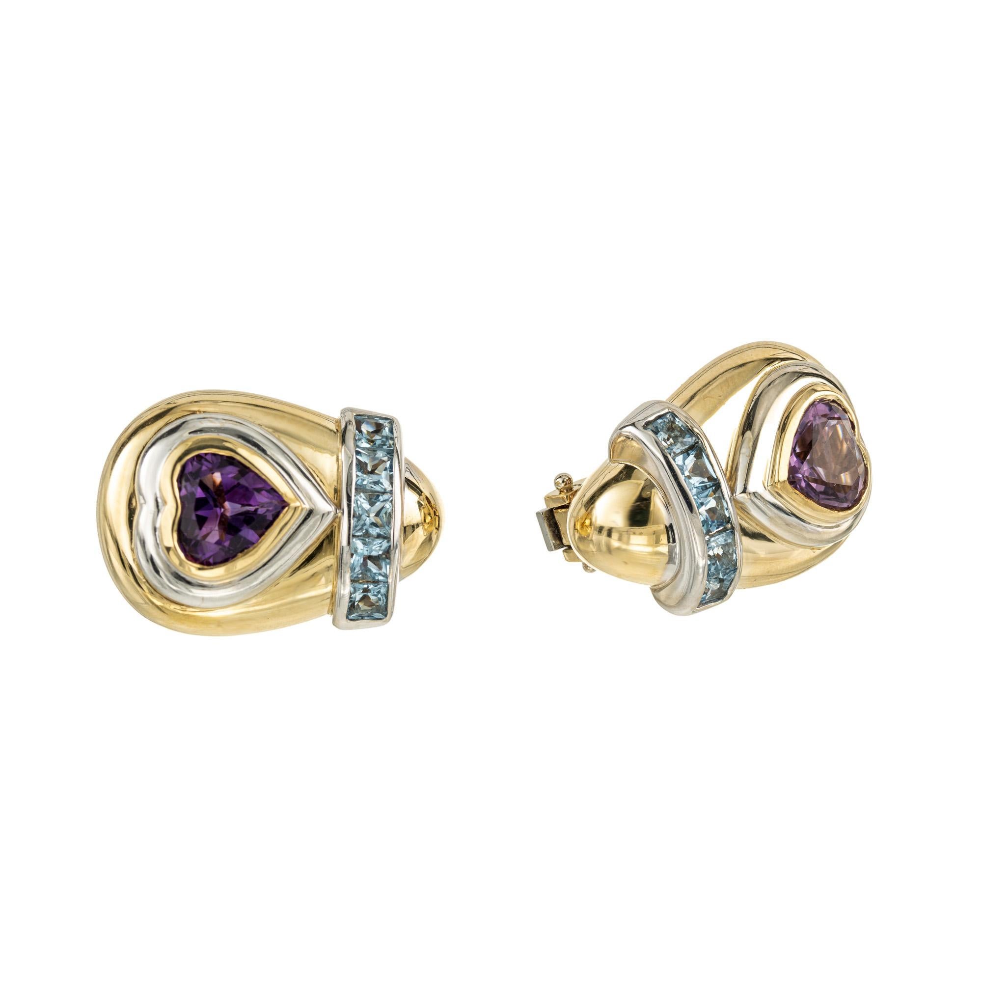 Pendientes de amatista y aguamarina de oro amarillo y oro blanco de 18 quilates, de la diseñadora Lilli. Extremadamente bien fabricado, con un poste de clips pesados y seguros para proporcionar comodidad, estabilidad y seguridad al llevarlo. 10
