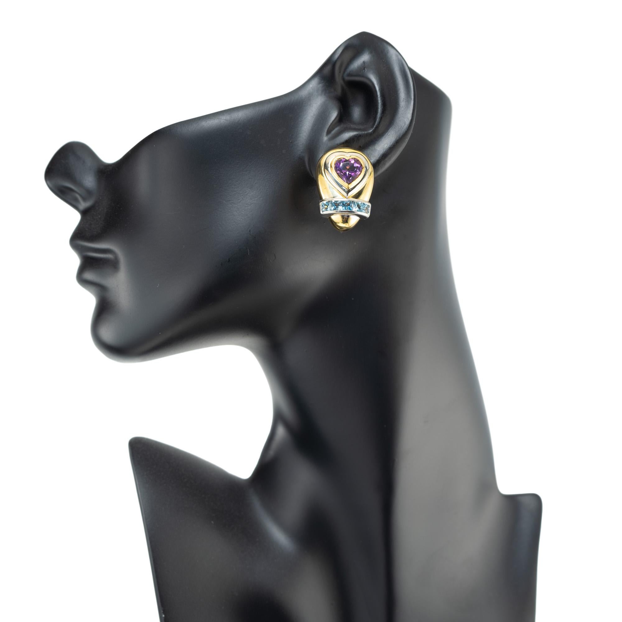 Lilly Pendientes de oro de 10,00 quilates Corazón Amatista Aguamarina Cuadrada Clip Post en venta 2
