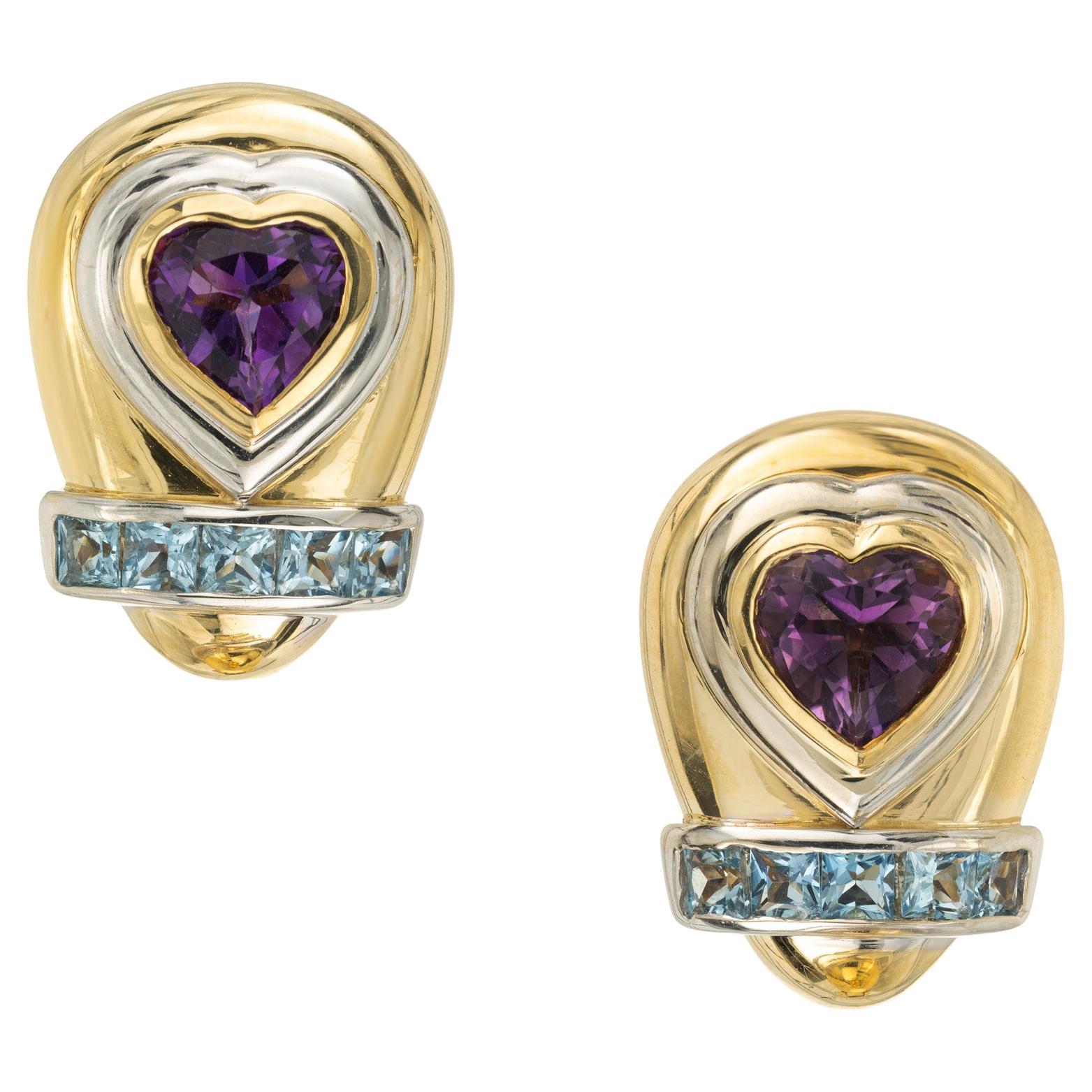 The Lilly 10.00 Carat Heart Amethyst Square Aquamarine Clip Post Gold Earrings