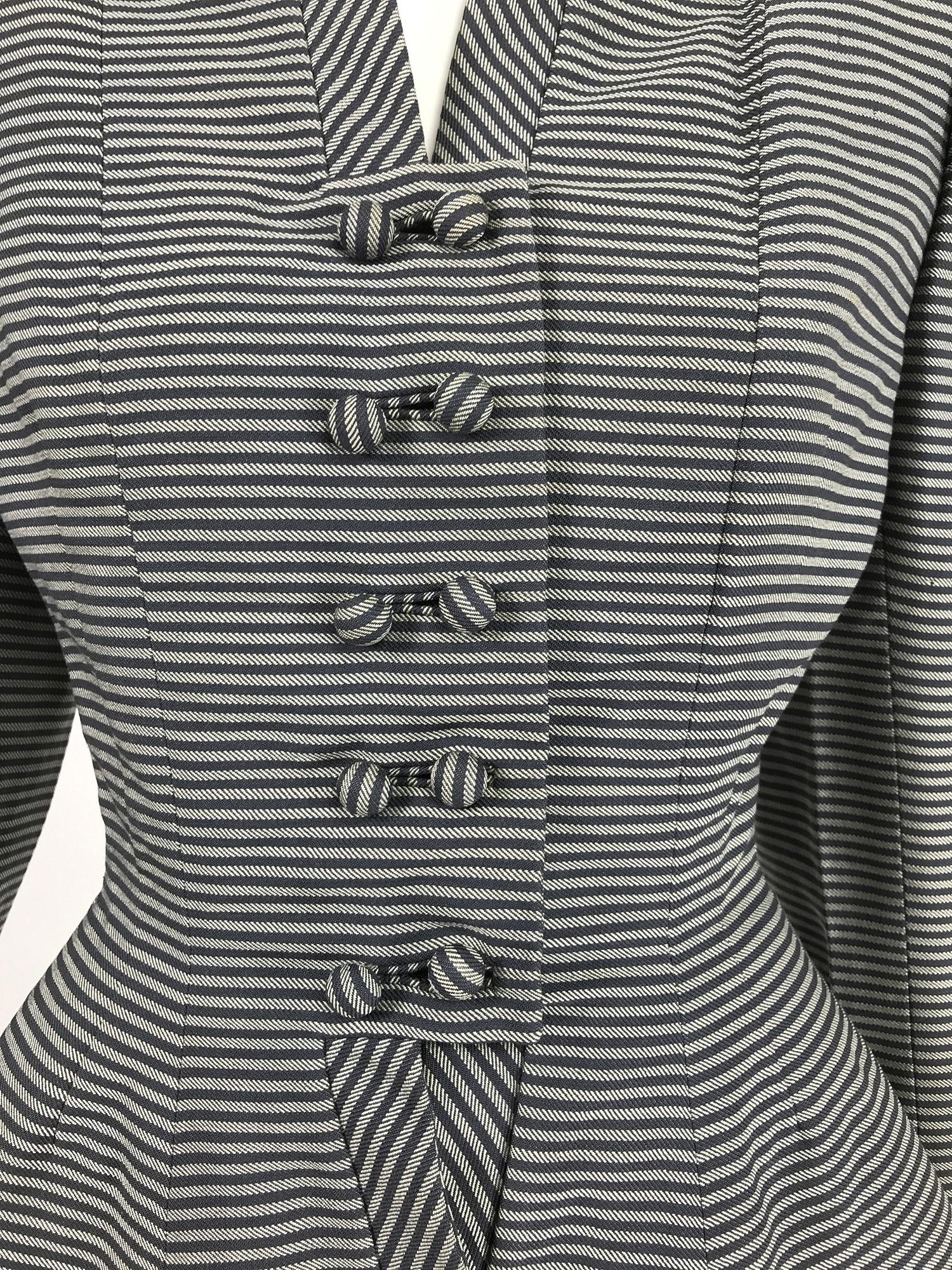 Lilli Ann 1940s Nip Waist Peplum Hem Black & White Stripe Wool Skirt Suit For Sale 2