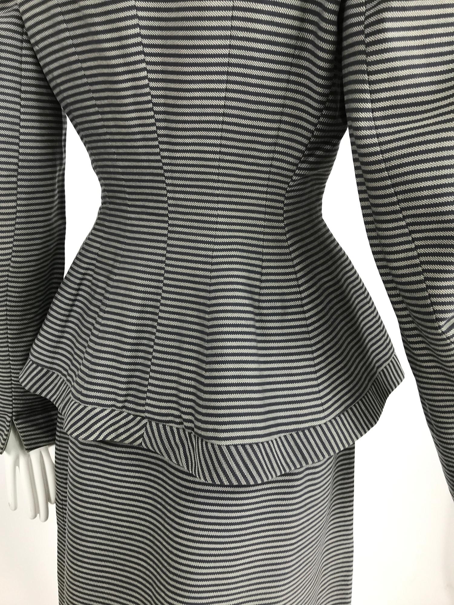Lilli Ann 1940s Nip Waist Peplum Hem Black & White Stripe Wool Skirt Suit For Sale 3