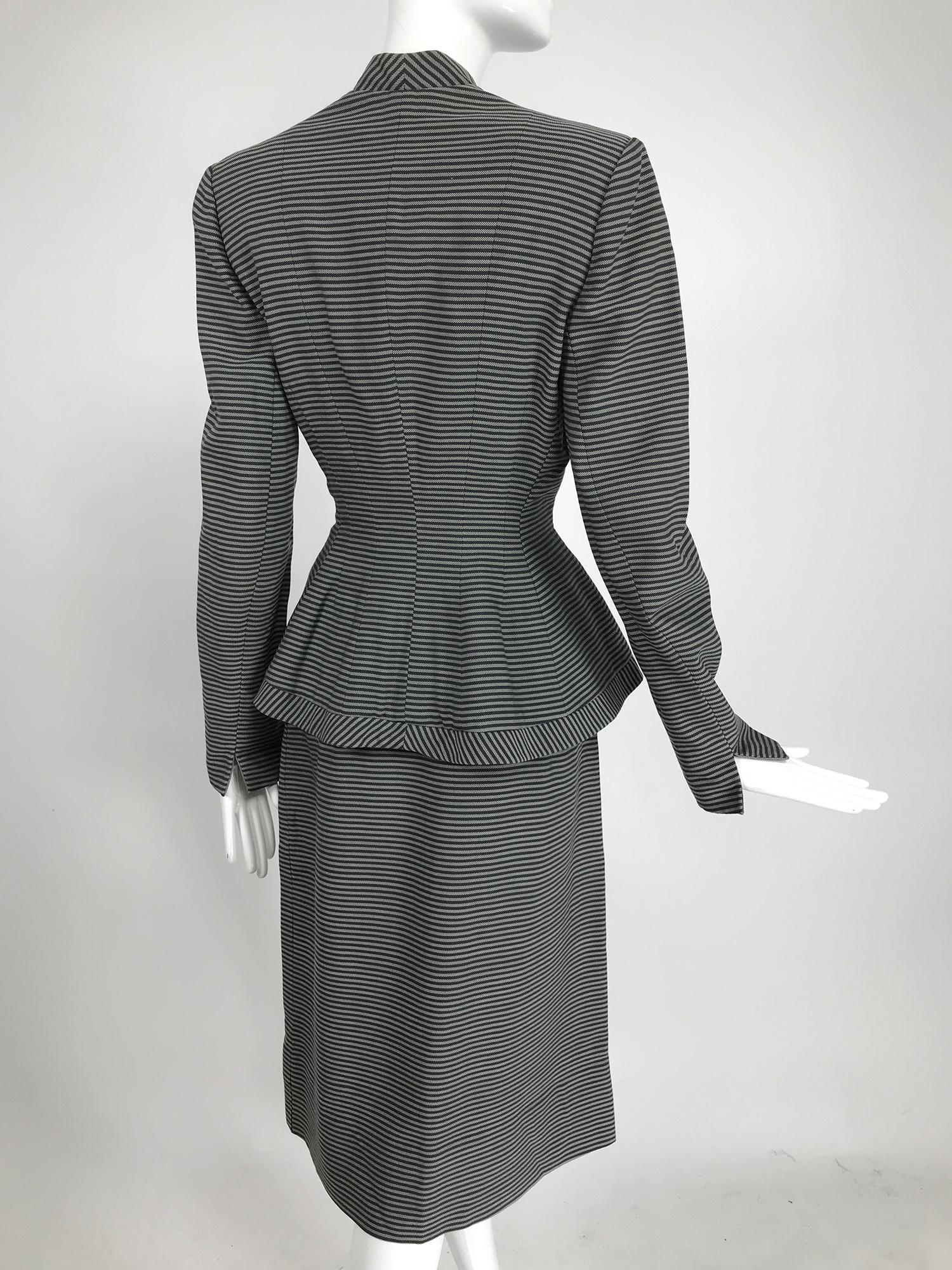 Gray Lilli Ann 1940s Nip Waist Peplum Hem Black & White Stripe Wool Skirt Suit For Sale