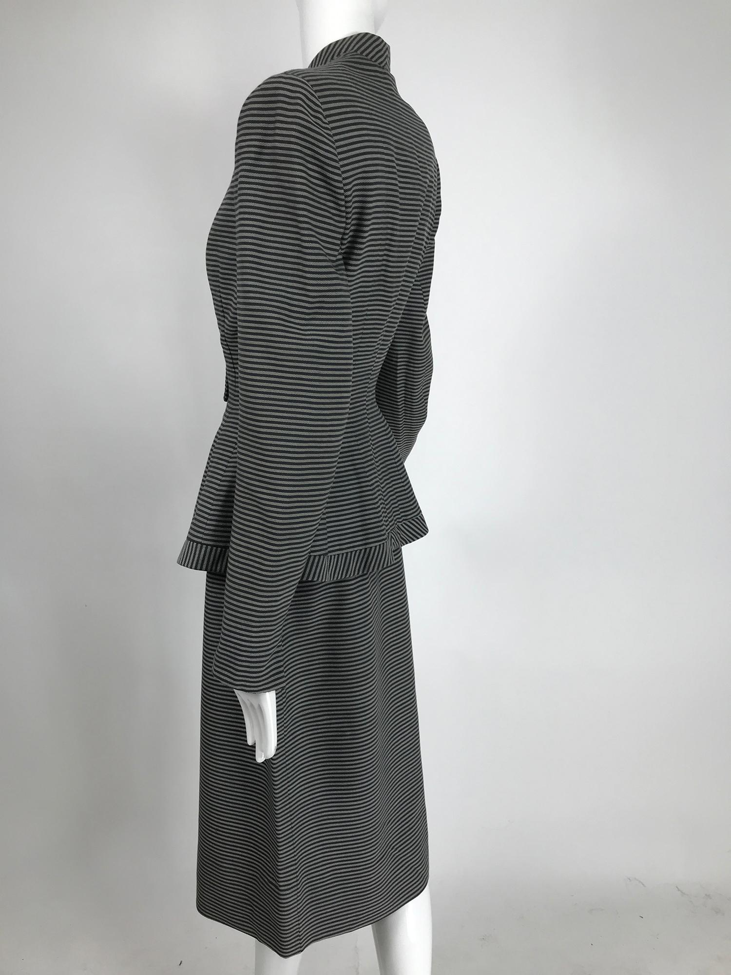 Lilli Ann 1940s Nip Waist Peplum Hem Black & White Stripe Wool Skirt Suit In Good Condition For Sale In West Palm Beach, FL