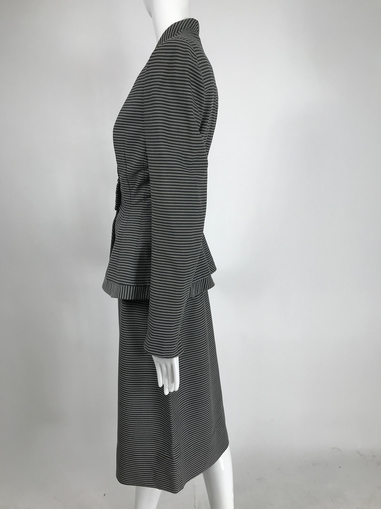 Women's Lilli Ann 1940s Nip Waist Peplum Hem Black & White Stripe Wool Skirt Suit For Sale