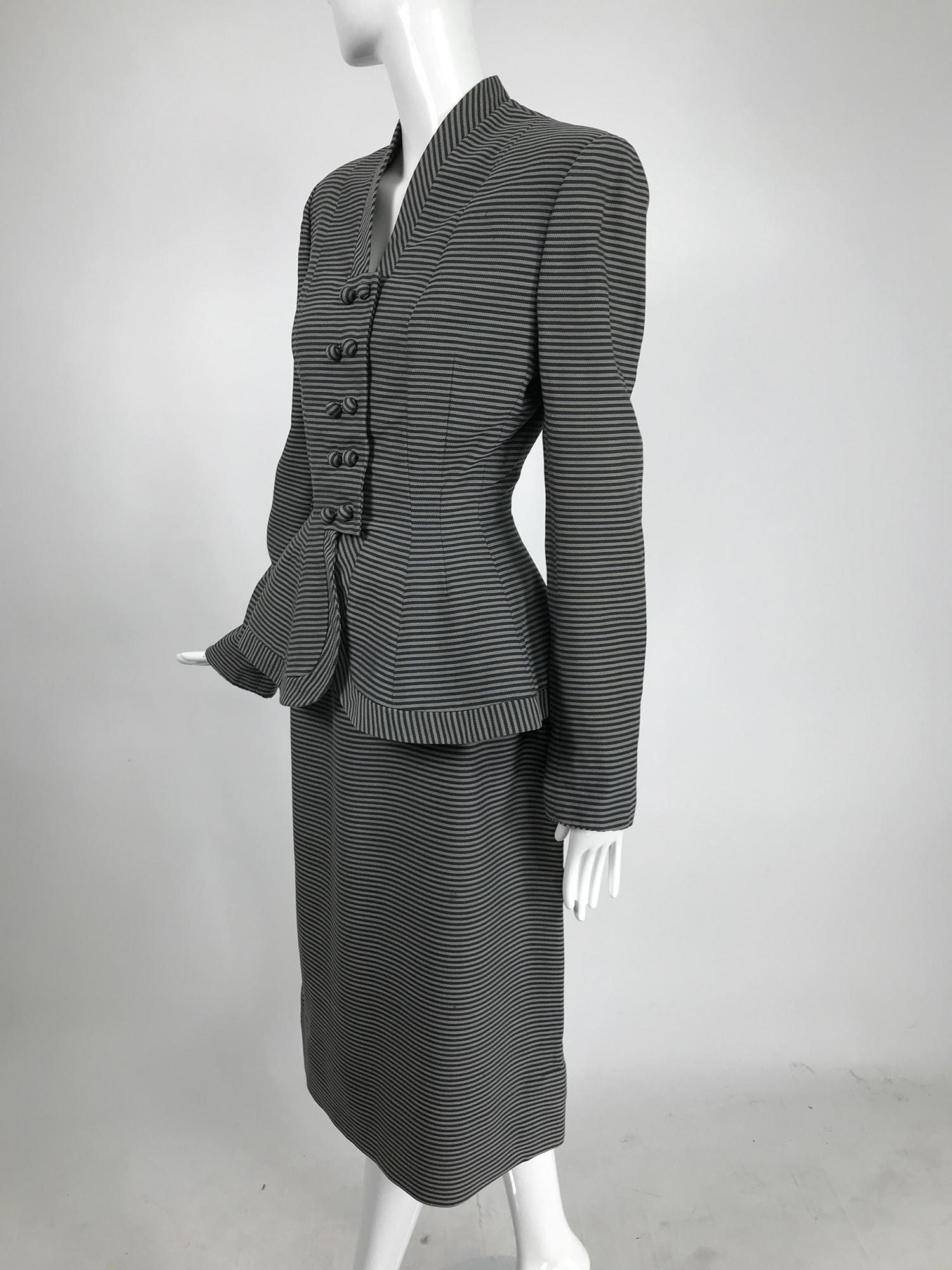 Lilli Ann 1940s Nip Waist Peplum Hem Black & White Stripe Wool Skirt Suit For Sale 1