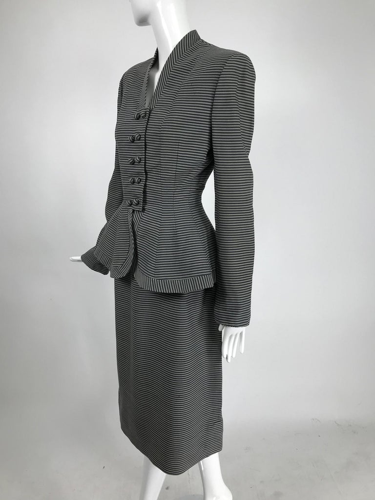 Lilli Ann 1940s Nip Waist Peplum Hem Black and White Stripe Wool Skirt Suit  For Sale at 1stDibs | black and white stripe suit