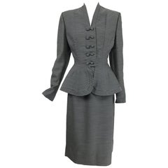 Lilli Ann 1940 Nip Waist Peplum Hem Nero & White Stripe Wool Suit