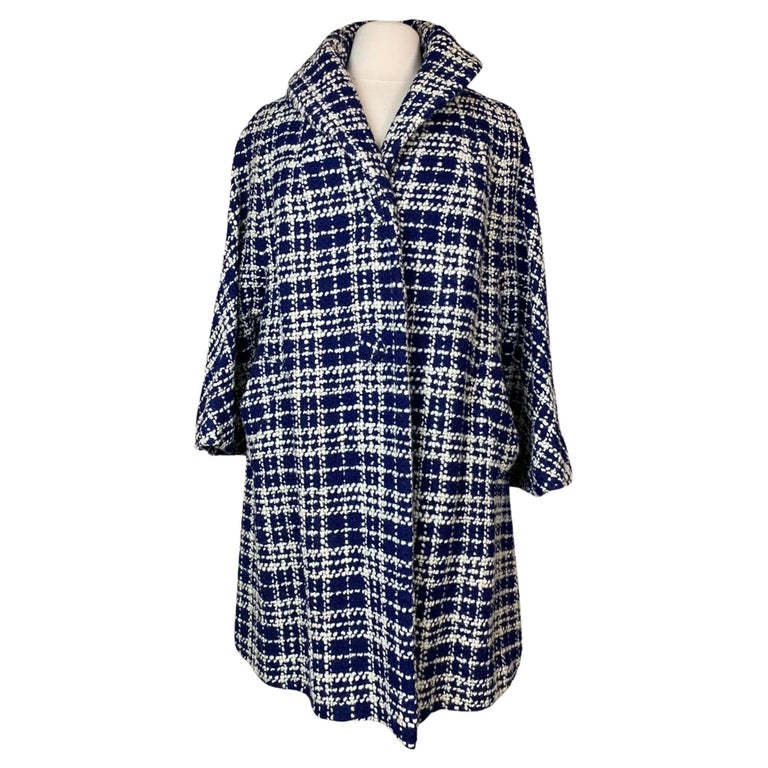 Lilli Ann 1960s Blue White Plaid Shawl Collar Wool Swing Coat MED