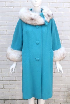 Lilli Ann Aqua Blue Coat With Fox Fur Trim, C.1960