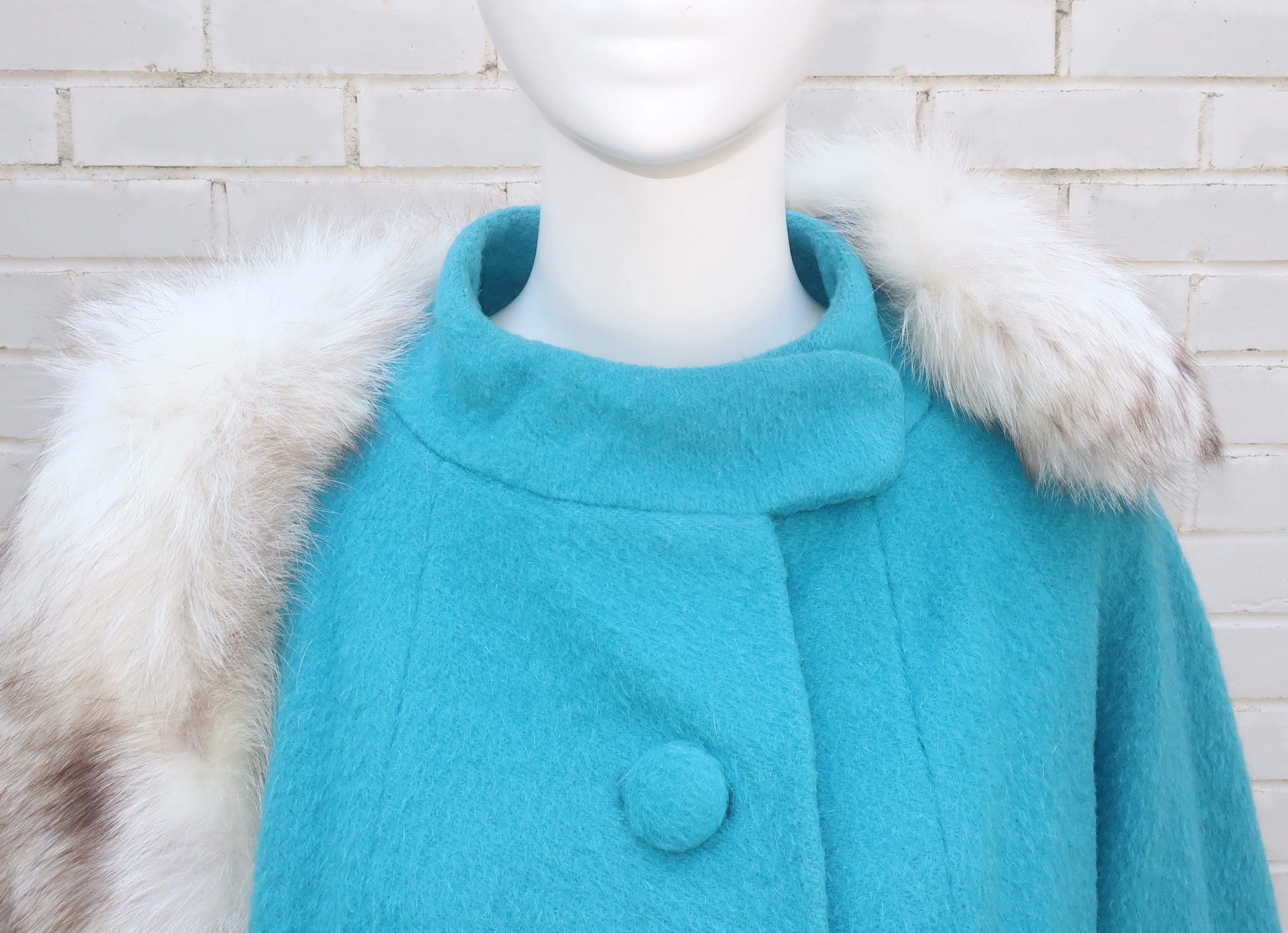 Lilli Ann Aqua Blue Coat With Fox Fur Trim, C.1960 1