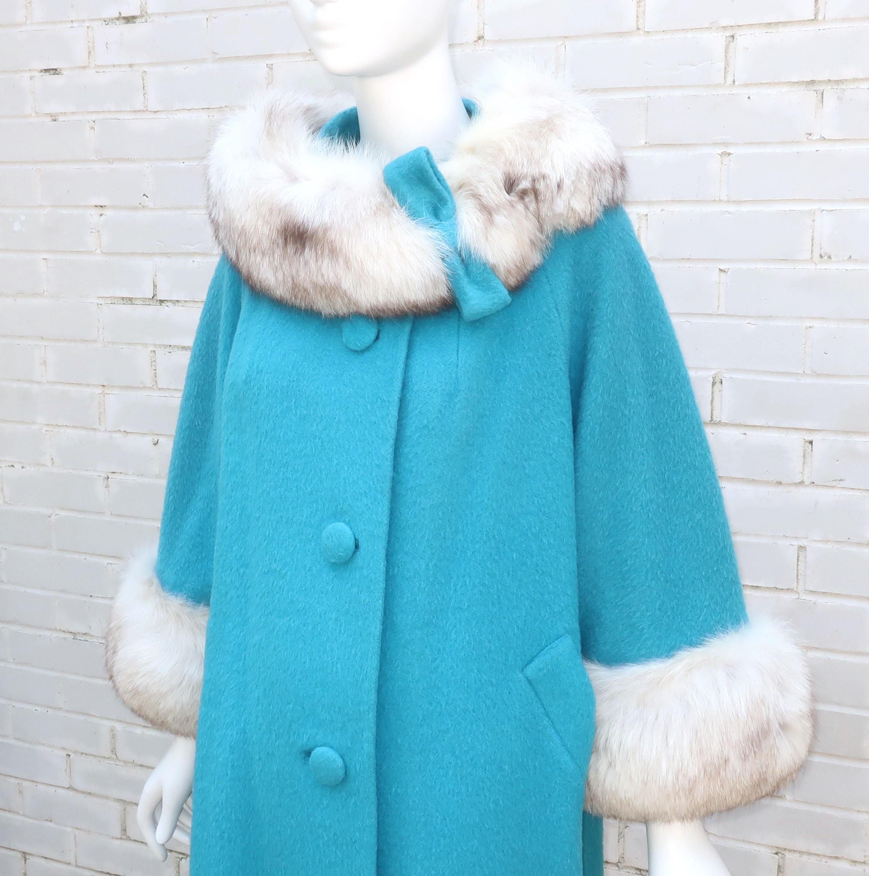 Lilli Ann Aqua Blue Coat With Fox Fur Trim, C.1960 2