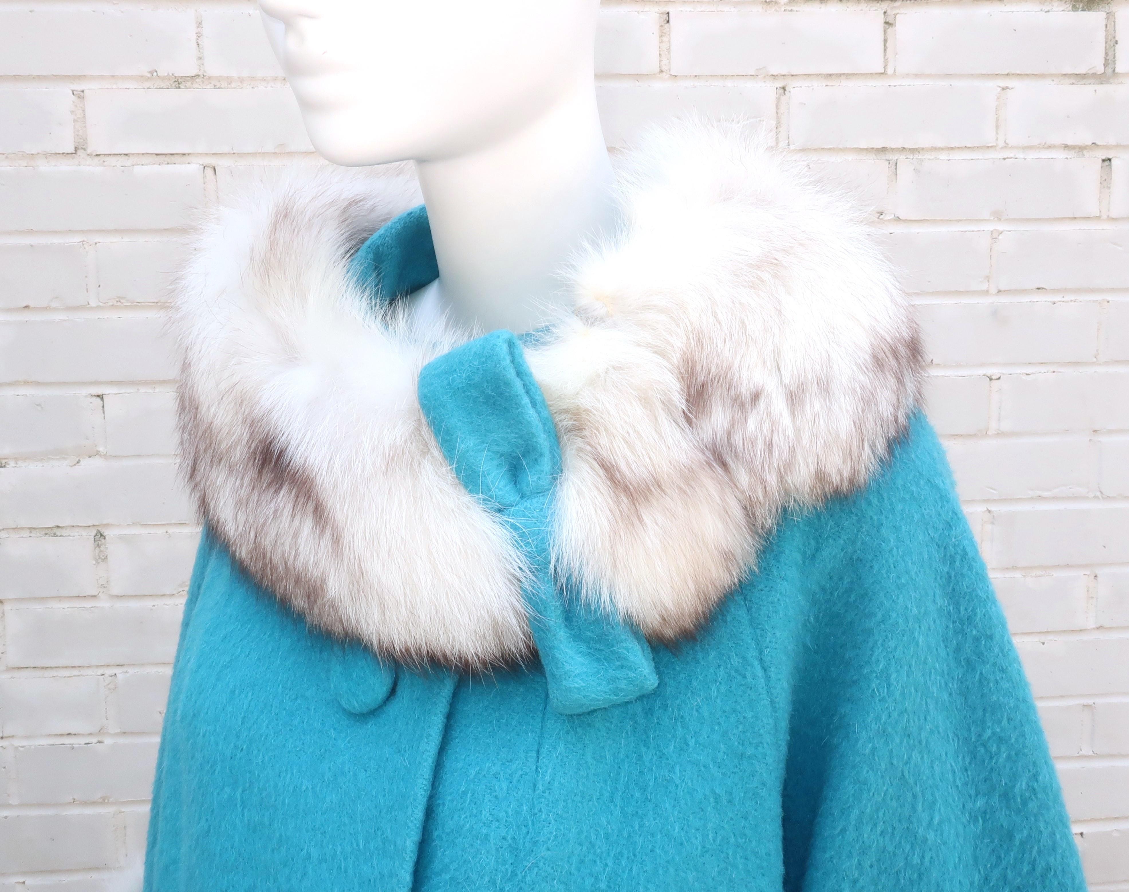 Lilli Ann Aqua Blue Coat With Fox Fur Trim, C.1960 3