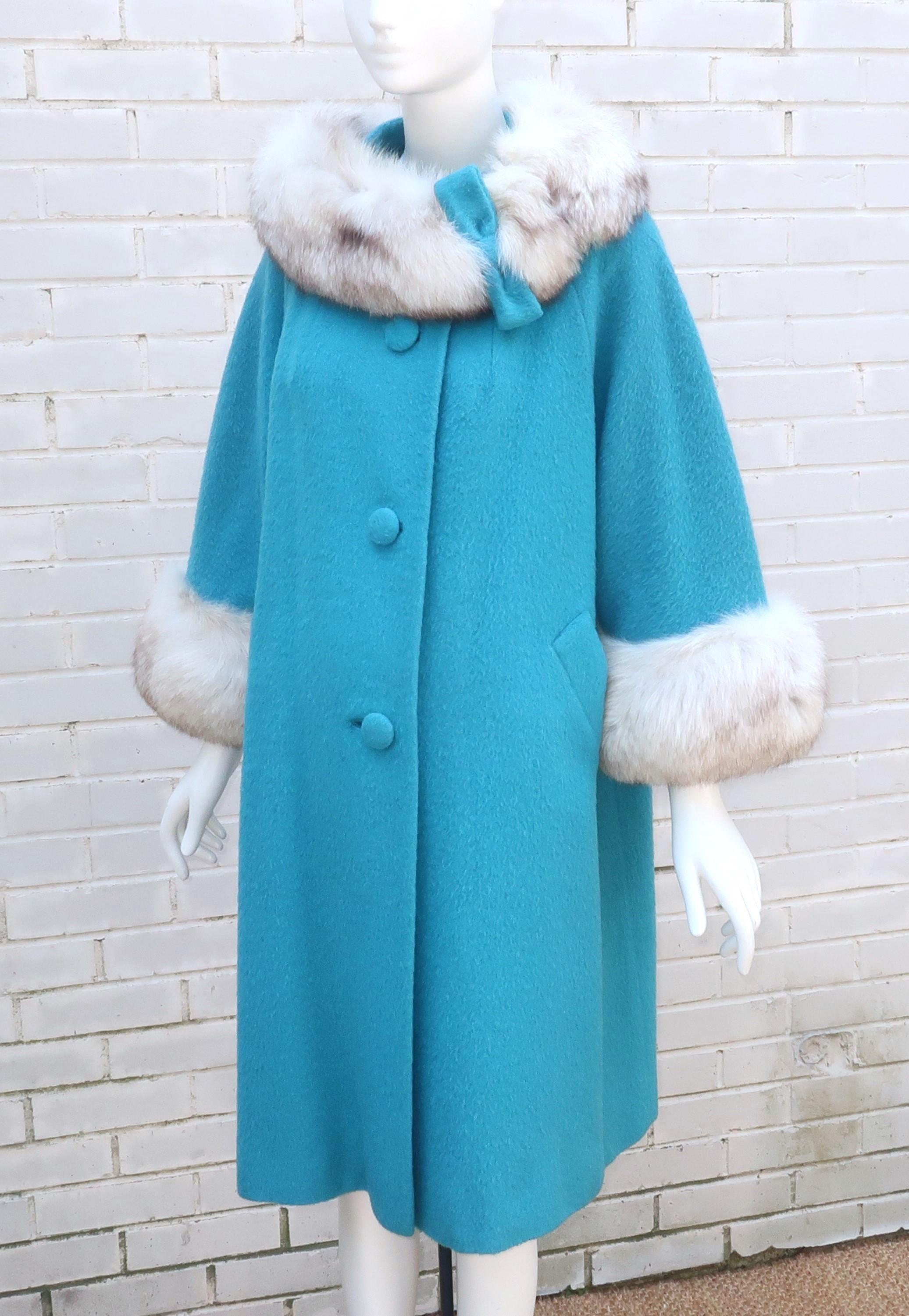 Lilli Ann Aqua Blue Coat With Fox Fur Trim, C.1960 5