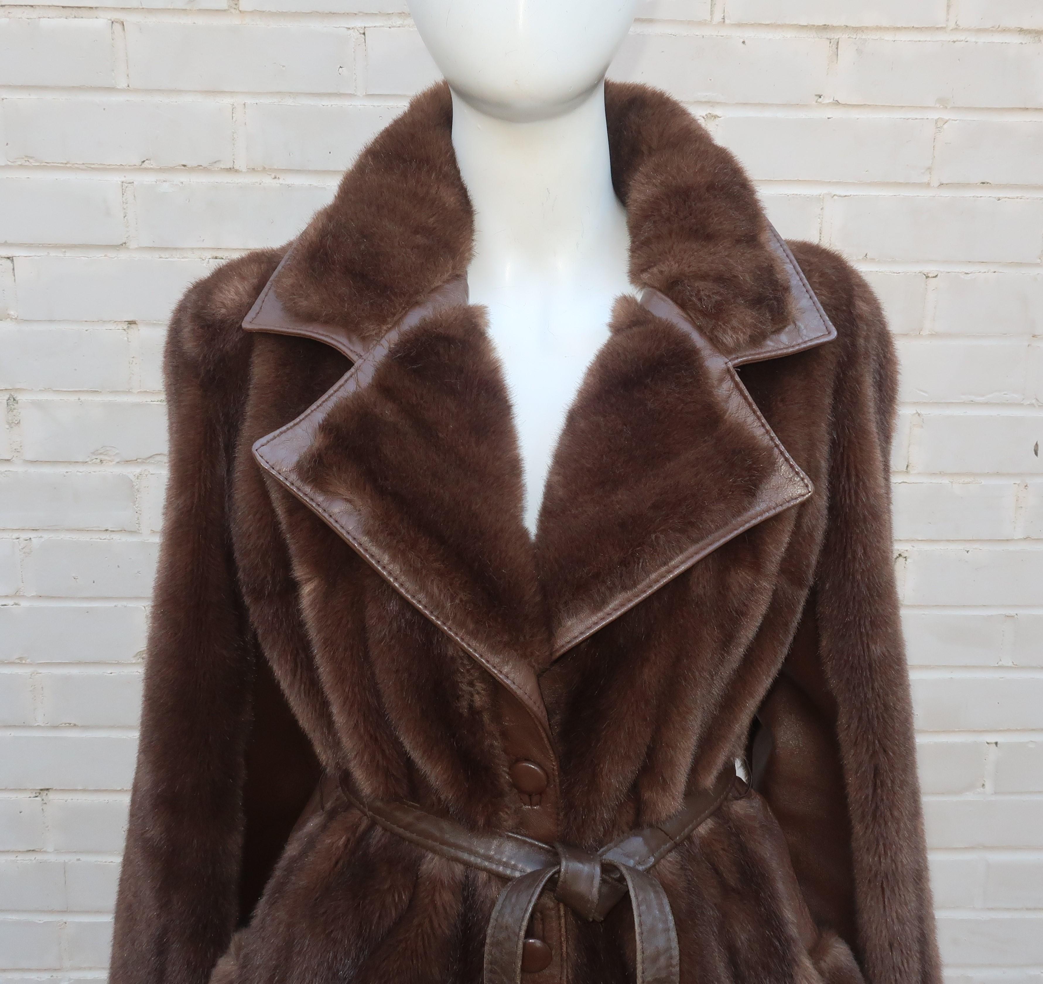 black faux leather faux fur trim belted swing coat