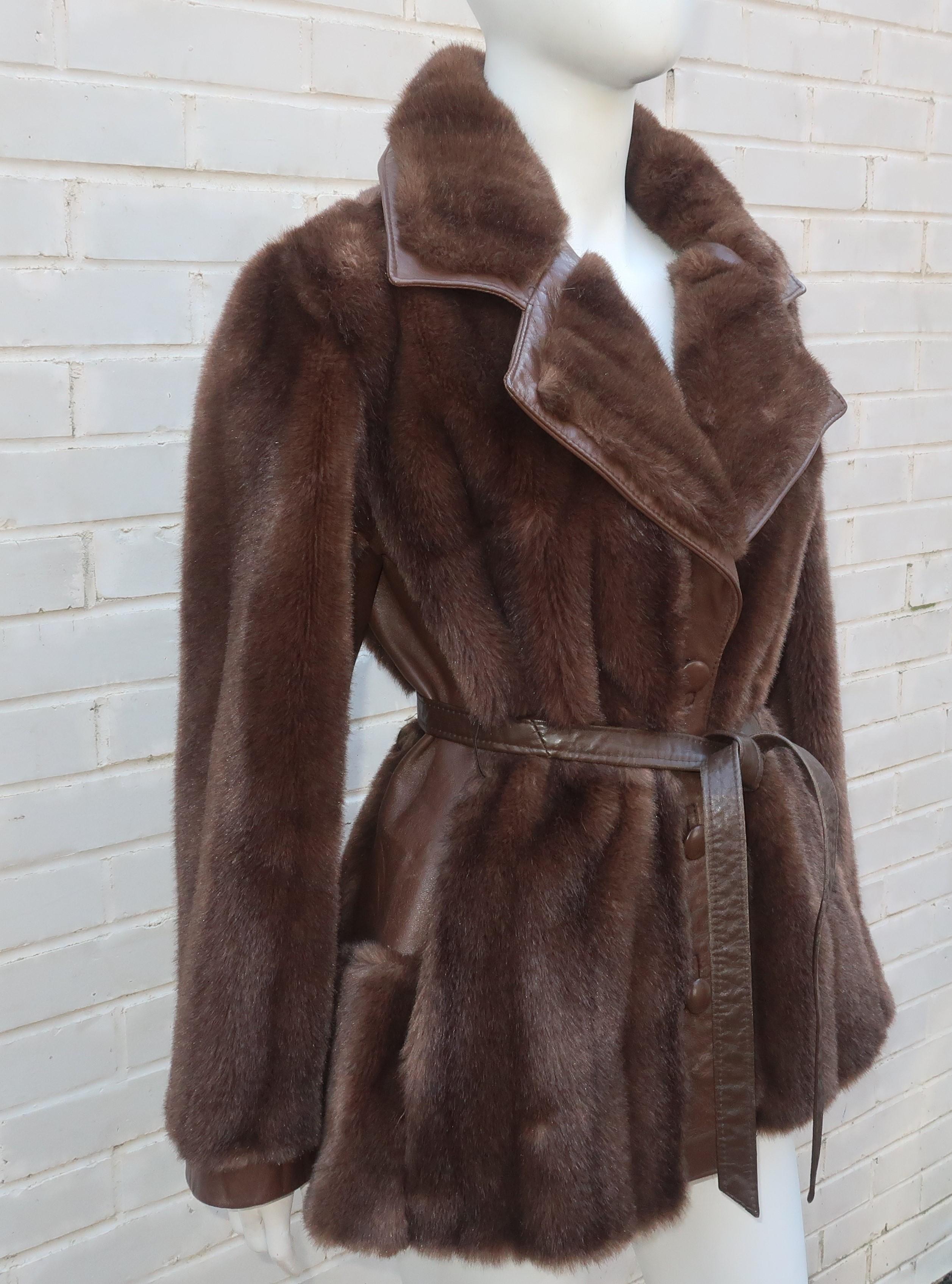 Black Lilli Ann Brown Faux Fur & Leather Jacket, 1960's