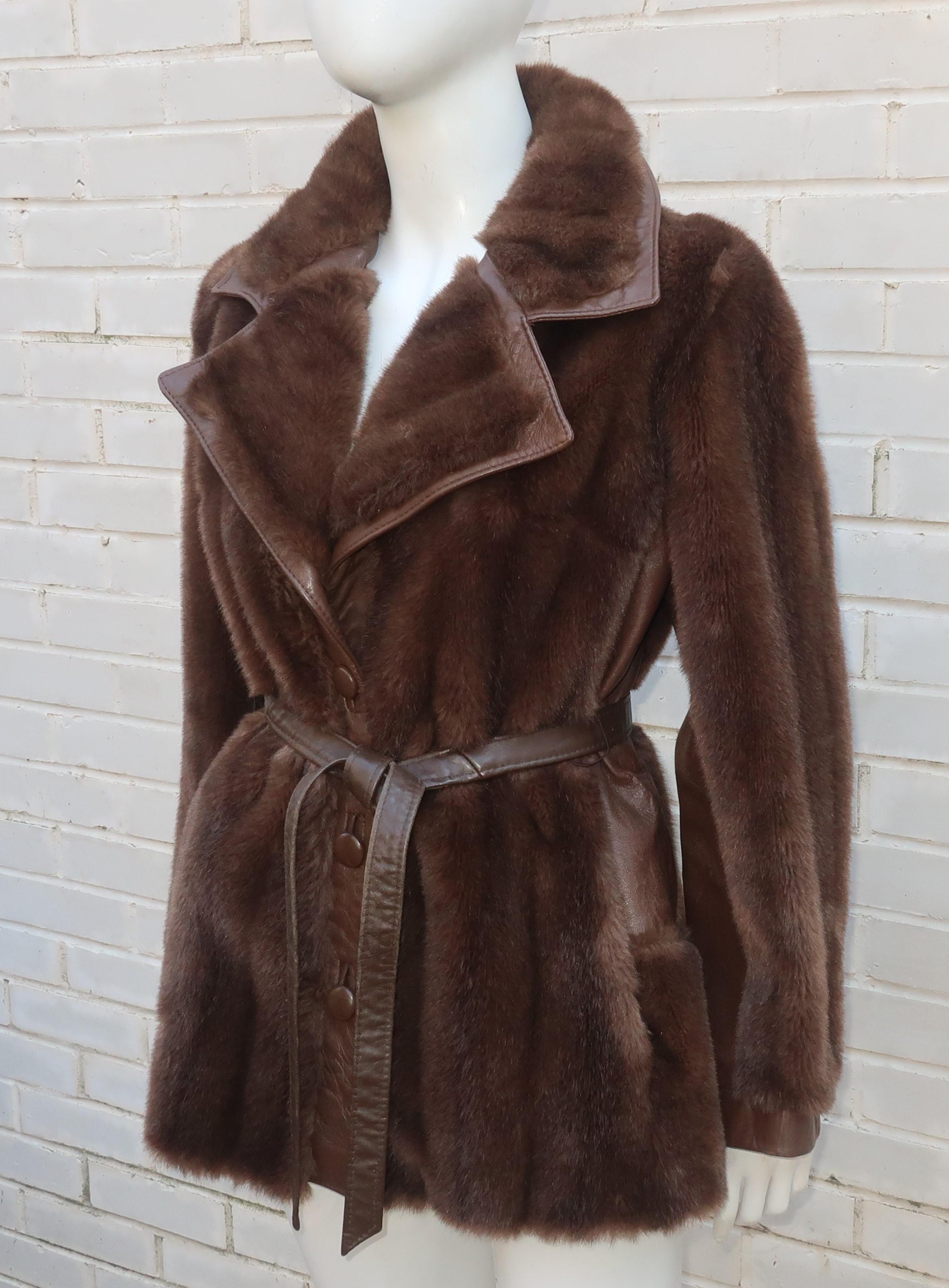 Lilli Ann Brown Faux Fur & Leather Jacket, 1960's In Good Condition In Atlanta, GA