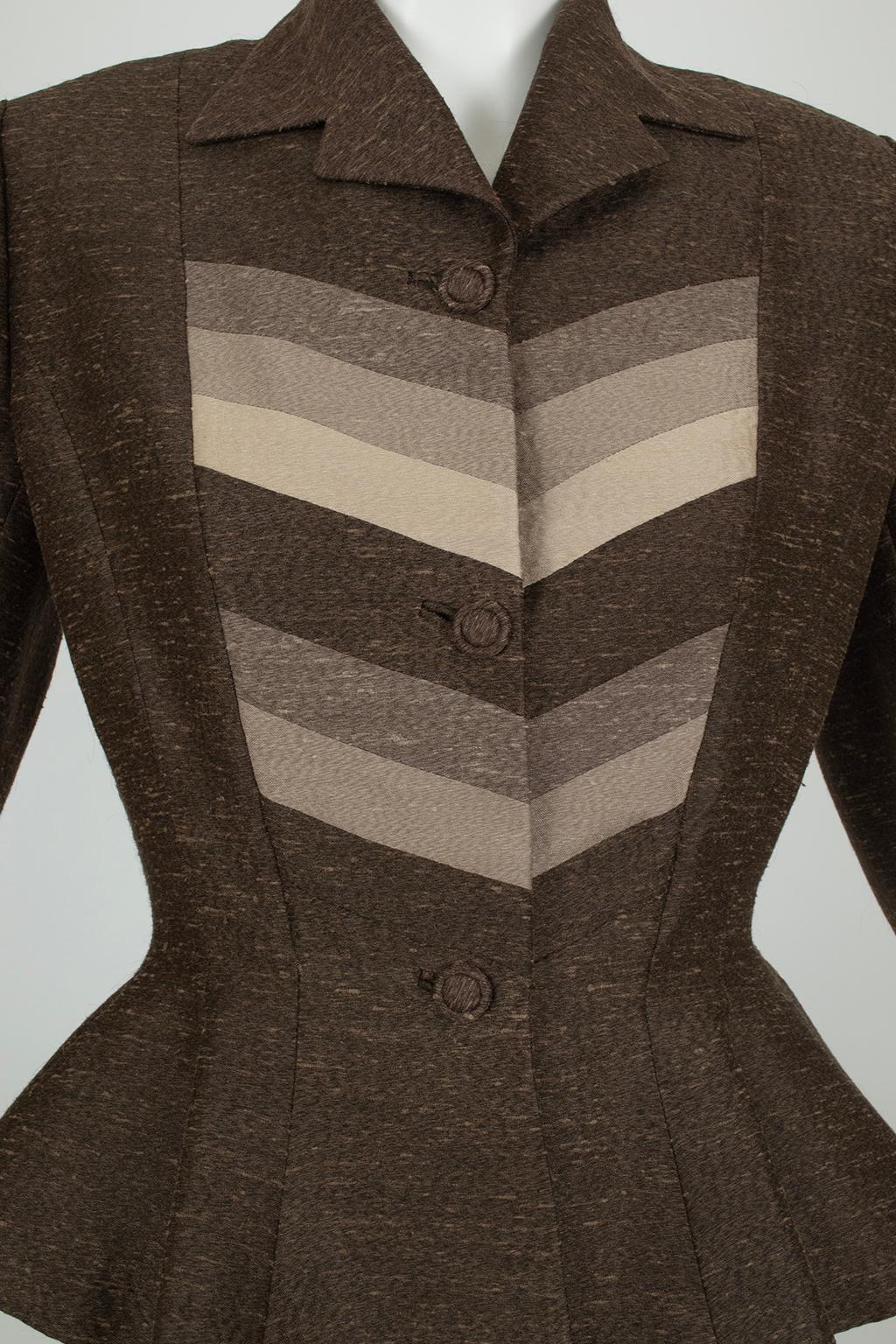 Women's Lilli Ann Brown Silk Ombré Chevron Stripe Peplum Jacket – S, early 1950s For Sale