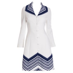 Lilli Ann Knit 1970s Vintage White Coat With Navy Blue Chevron Design