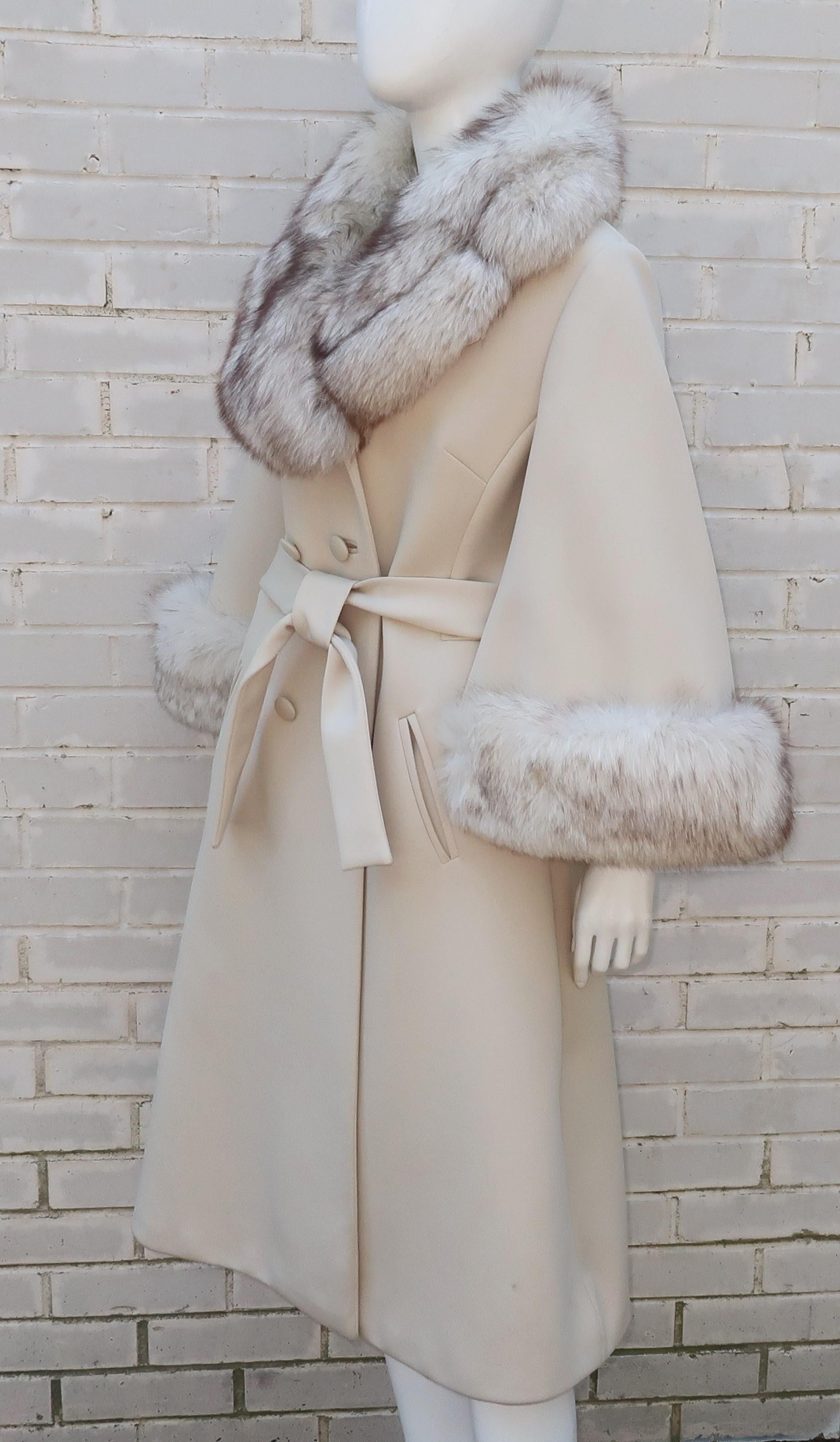 Gray Lilli Ann Knit Coat With Fox Fur Collar & Bell Cuffs, 1960's