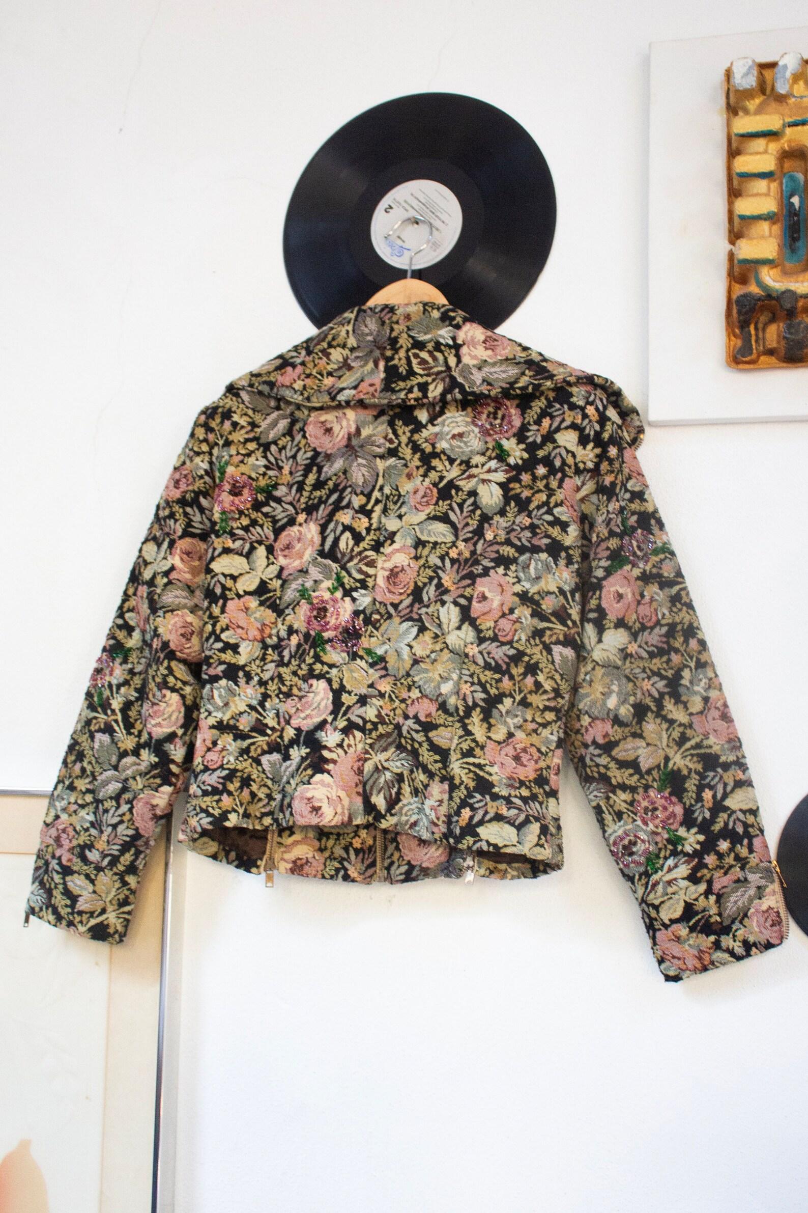 Brown Lilli Ann late 40's black tapestry floral pattern hand embroidered beaded jacket For Sale