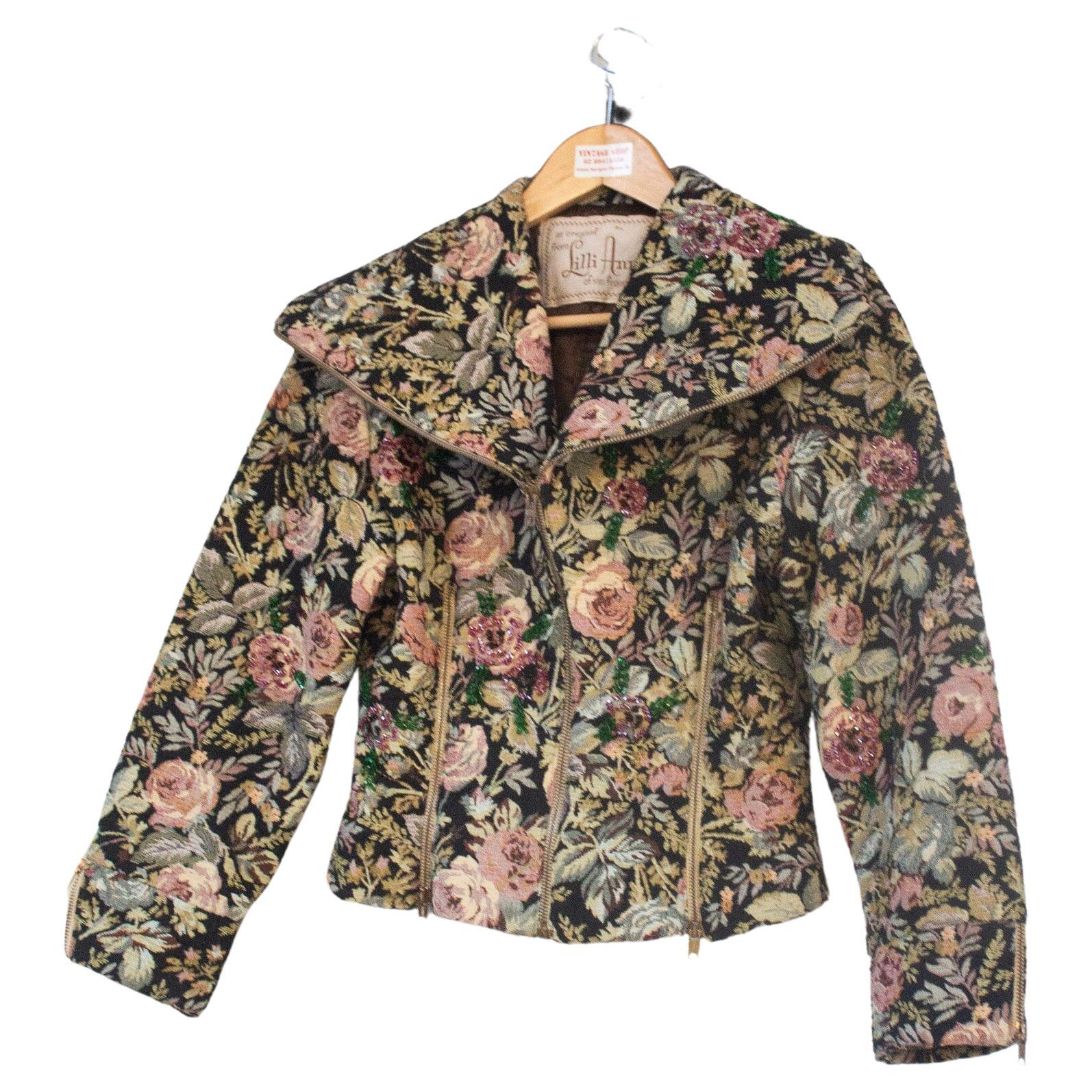 Lilli Ann late 40's black tapestry floral pattern hand embroidered beaded  jacket For Sale at 1stDibs