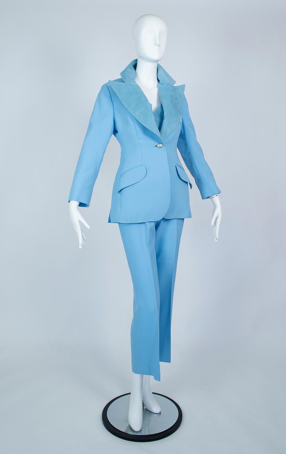 Bleu The Lilli Ann Paris Powder Blue 3-Piece Western Pant Suit - XS, 1970s en vente