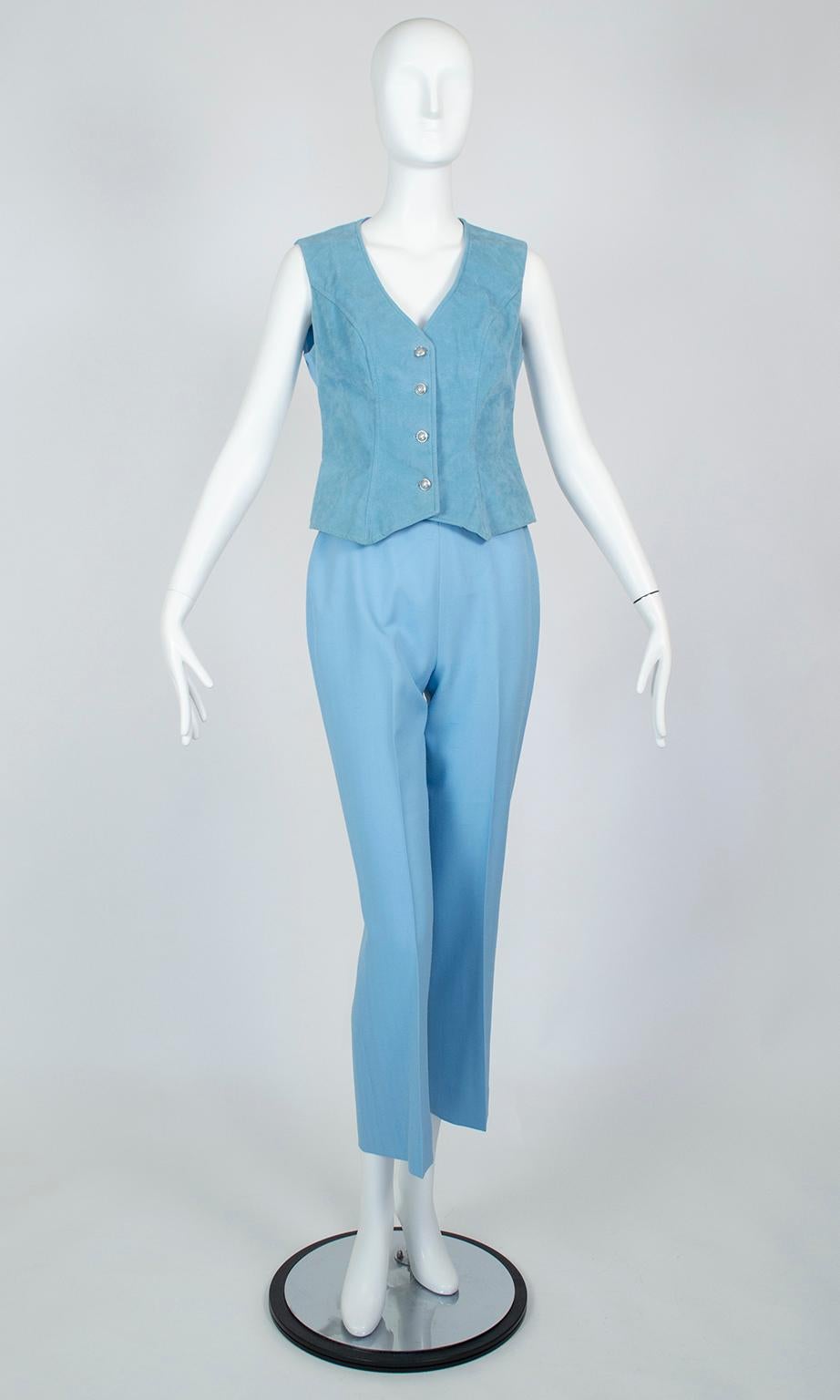 Lilli Ann Paris Powder Blue 3-Piece Western Pant Suit – XS, 1970s In Good Condition For Sale In Tucson, AZ