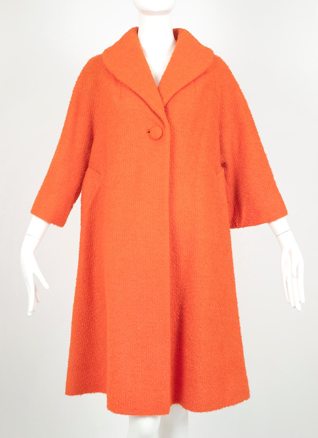 Give your winter wardrobe a shot of blues-busting vitamin C with this supremely flattering, functional and toasty warm looped wool bouclé swing coat. Pair with long hot pink gloves for the ultimate in dopamine dressing.

¾ length swing coat with