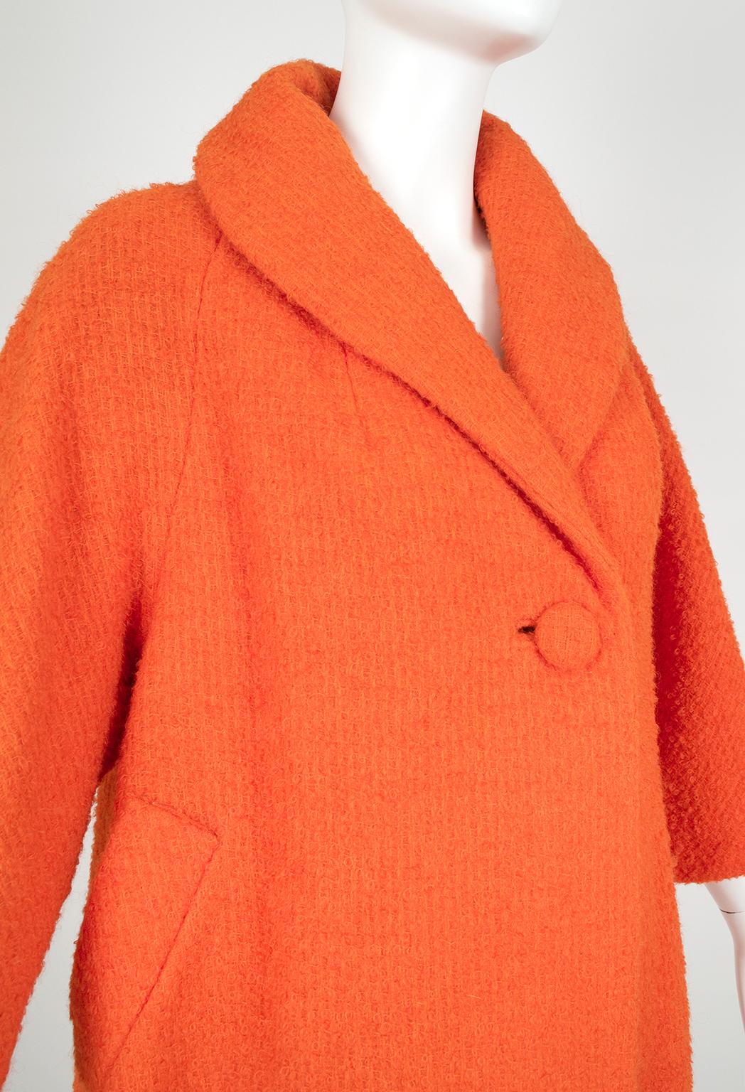 Lilli Ann Orange Bouclé ¾ Sleeve Raglan Swing Coat – L, 1960s For Sale 1
