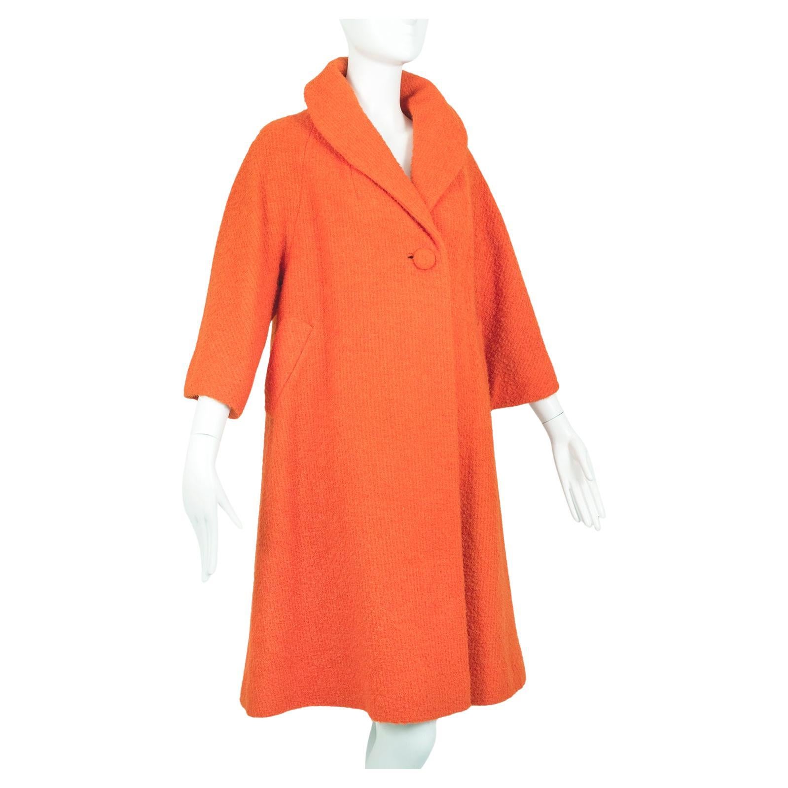 Lilli Ann Orange Bouclé ¾ Sleeve Raglan Swing Coat – L, 1960s For Sale